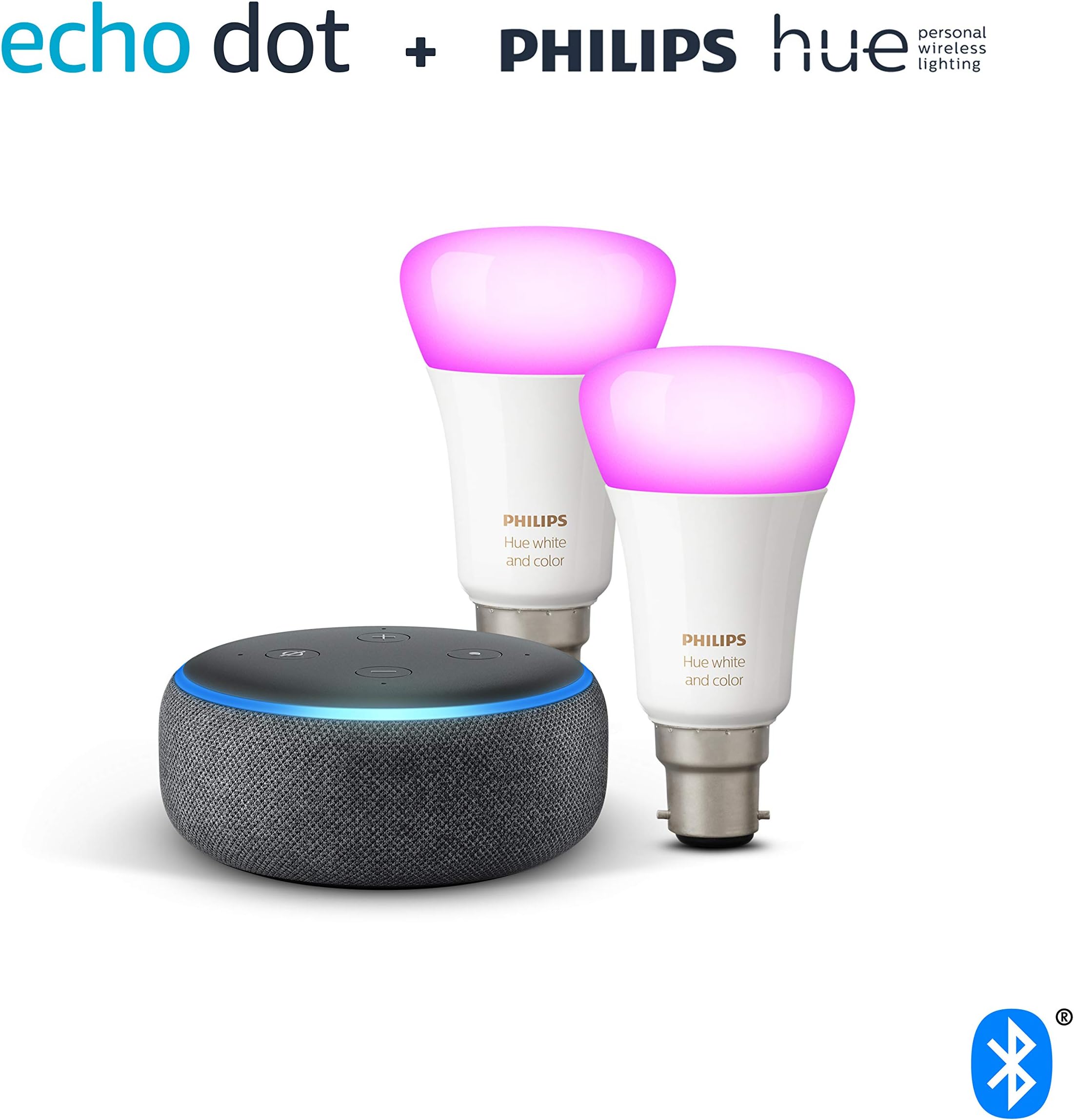 Echo Dot (3rd Gen), Charcoal Fabric + Philips Hue White & Colour Ambiance Smart Bulb Twin Pack LED (B22) | Bluetooth & ZigBee compatible (no hub required)