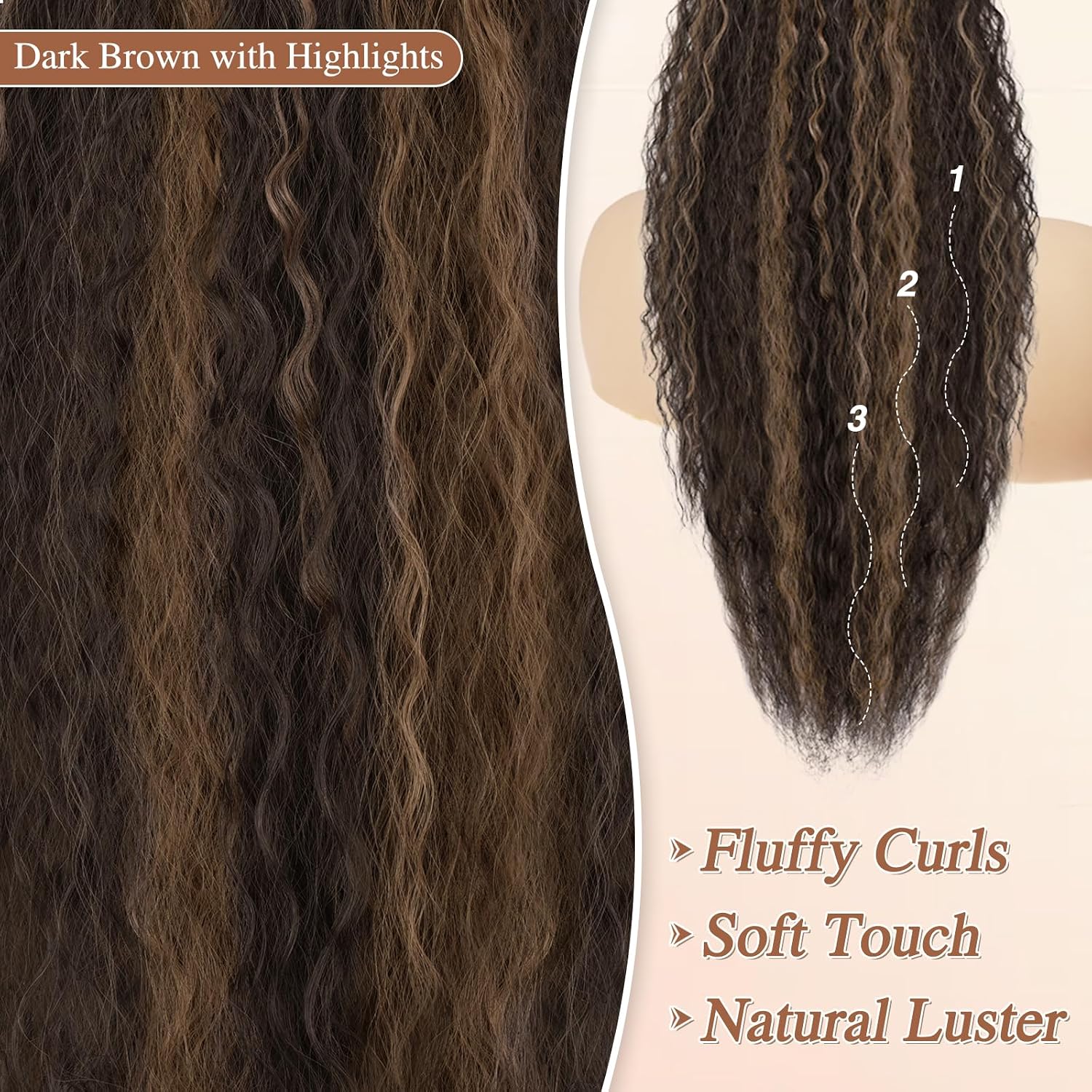 BARSDAR Dark Brown with Highlight Long Curly Wavy Drawstring Ponytail Extensions – 30 Inch Synthetic Comb Clip in Pony Tails Hairpieces for Women - Voluminous Highlight Bohemian Drawstring Ponytail