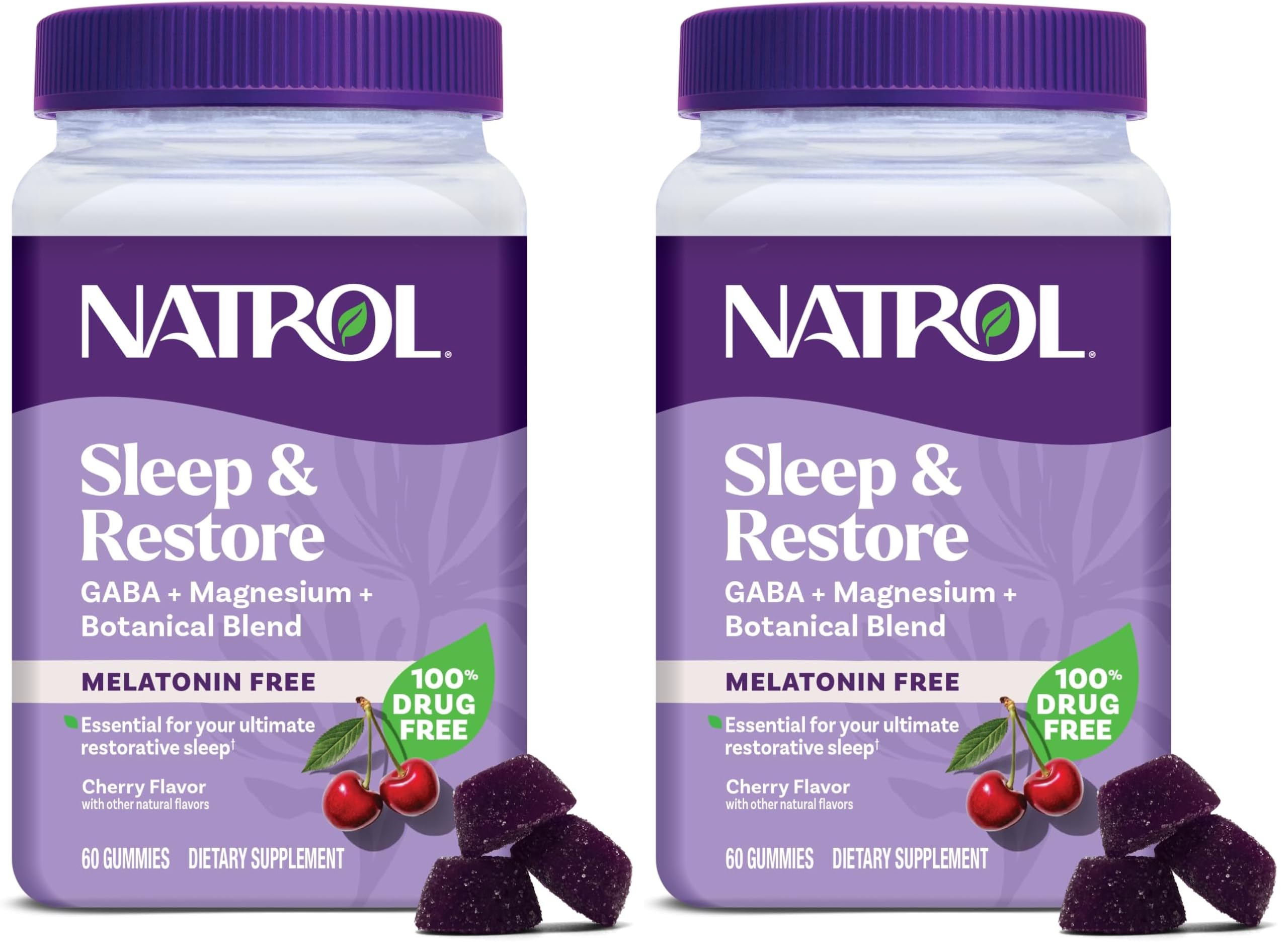 Natrol Sleep & Restore Magnesium Glycinate Blend Gummies,Magnesium for Sleep Aids for Adults,Melatonin-Free,Cherry Flavored,30 Day Supply,(Pack of 2) Cherry 60 Count (Pack of 2)
