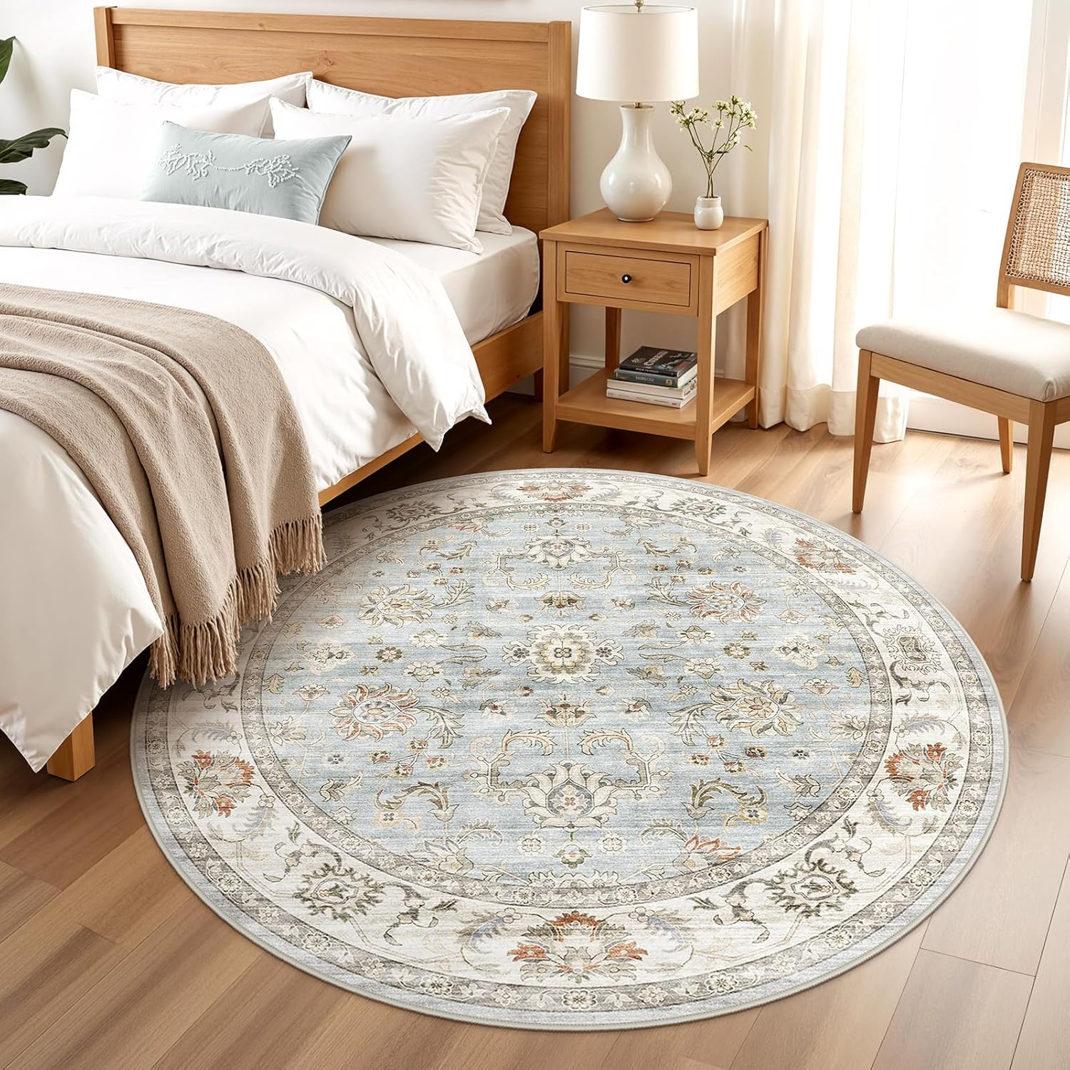 witshock 6ft round area rugs for living room: non-slip washable vintage soft large circle rug - soft low pile carpet for bedroom under dining table home office decor (light blue) light blue/light ivory/beige 6' (round)