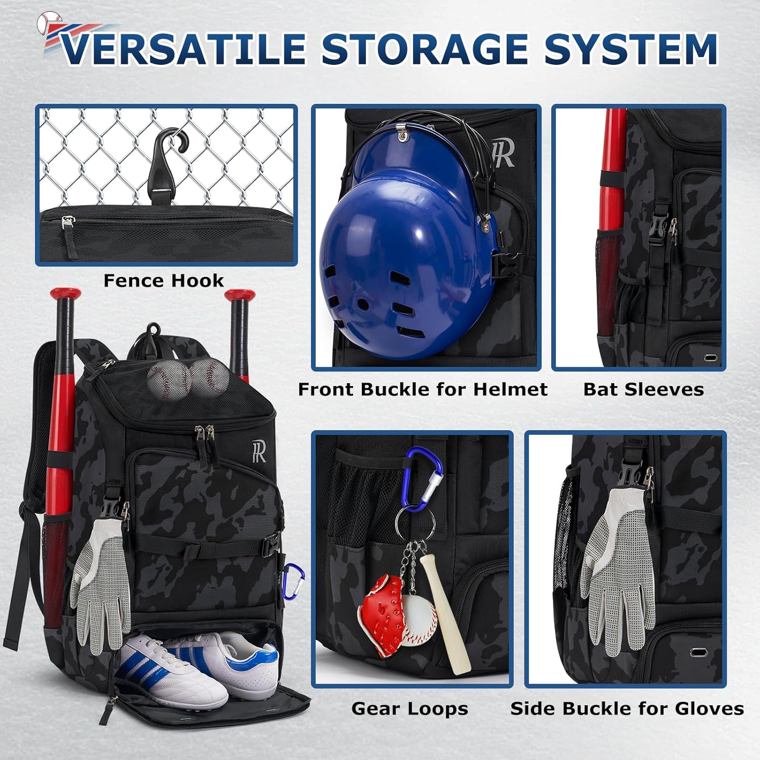 RAINSMORE Baseball Bag for Youth & Adult 40L Large Softball Bag Lightweight Baseball Backpack with Helmet Holder, Shoe Compartment, Fence Hook Waterproof Bat Bag for Baseball Softball Tball Equipment