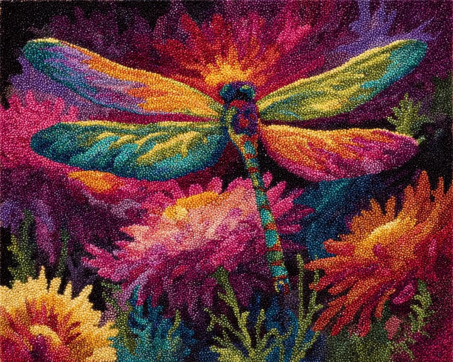 Henypt DIY Latch Hook Rug Kit Dragonflies and Flowers 52x38cm