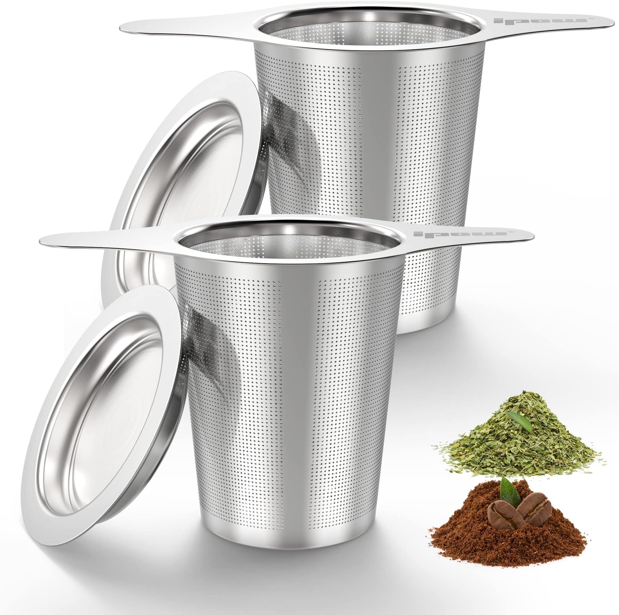 IPOW 2 Pack Extra Fine Mesh Coffee Filter with Coaster Lid and Double-sided Handle, Micron Mesh Tea Infuser for Loose Tea, Food-grade Stainless Steel