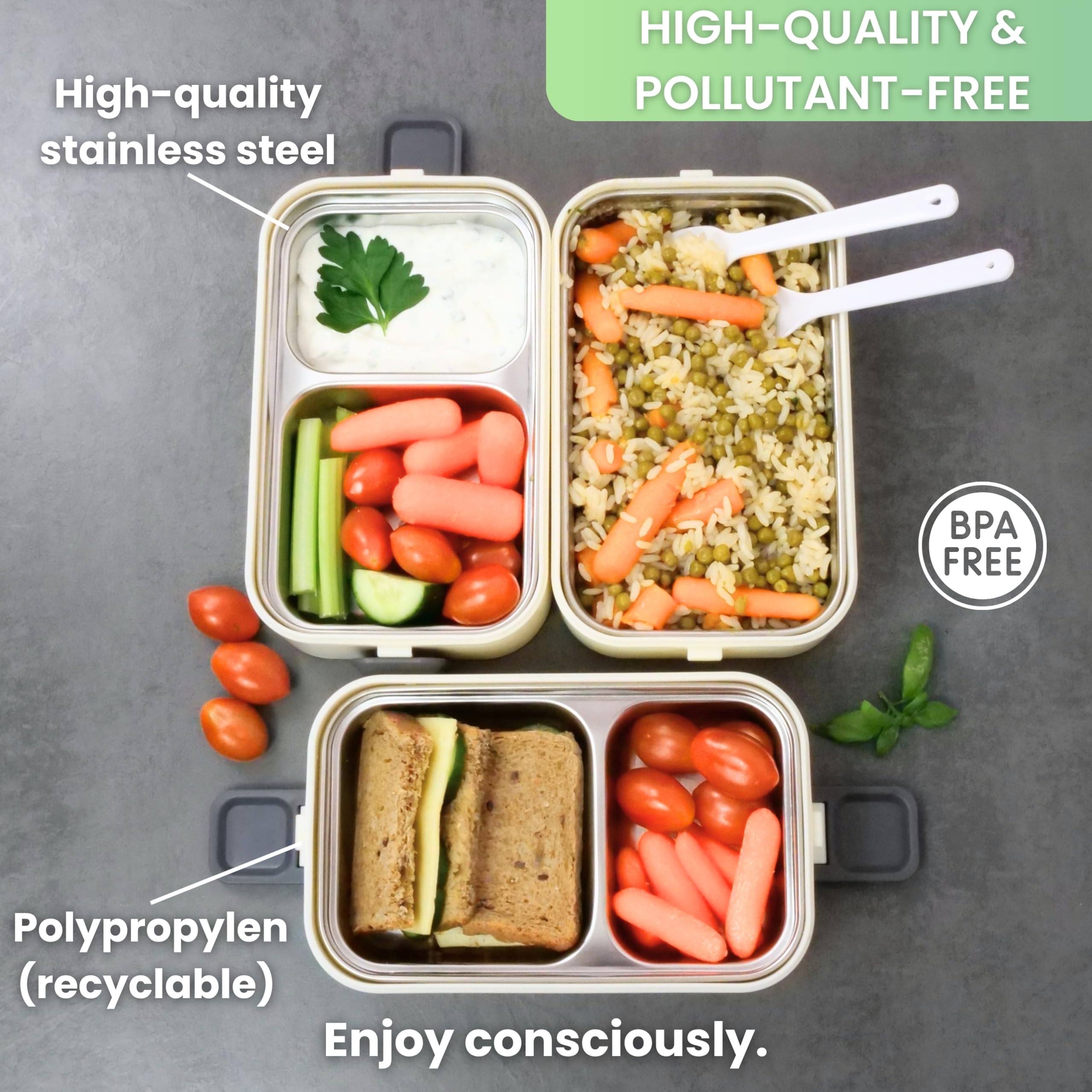 Bento Boîte à déjeuner « Jamie » 2700 ml, à 3 étages, avec couverts et compartiments, en acier inoxydable de qualité supérieure, sans BPA, grande, pour adultes, anti-fuite et passe au