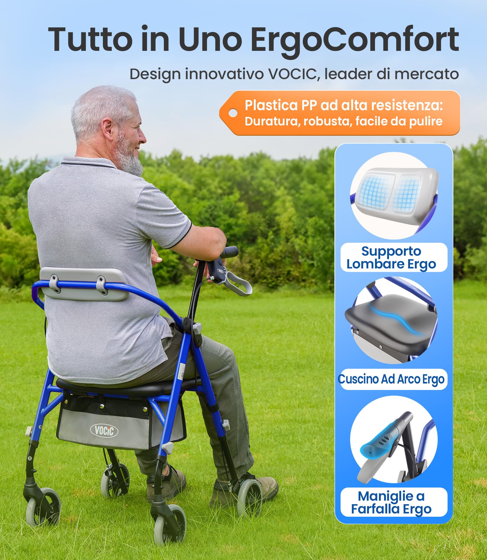 VOCIC Deambulatore pieghevole e leggero con seduta, 6,3 kg ultraleggero | Deambulatore per anziani, max 150 kg, sedile ergonomico, altezza regolabile, walker stretto per casa & viaggi, blu