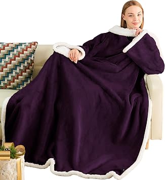Ramees Sherpa Wearable Blanket with Sleeves and Pockets, Soft Warm TV Blanket Throw for Men and Women
