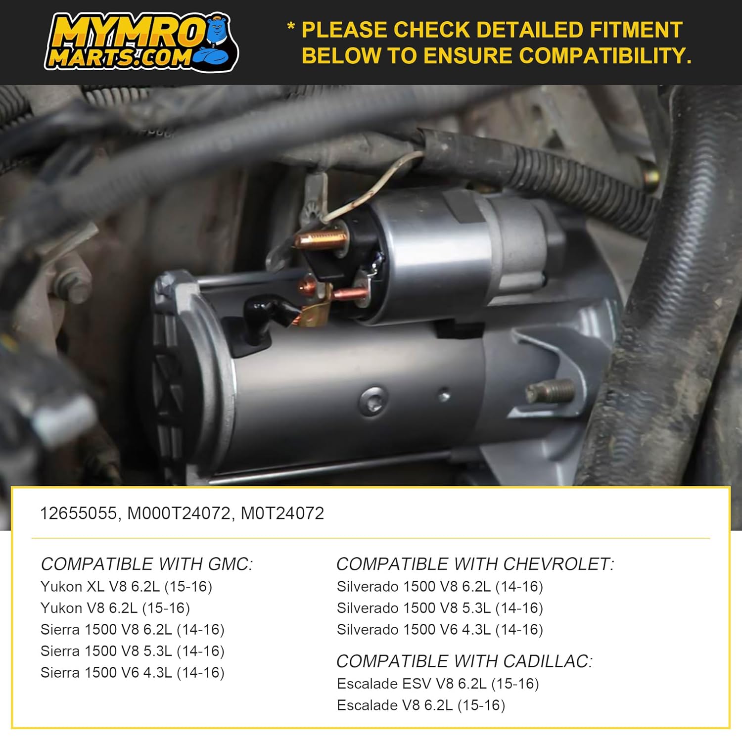 New Starter 10910N for Chevrolet Silverado 1500 V6 4.3L V8 5.3-6.2L 2014-2016 for Sierra 1500 V6 4.3L V8 5.3-6.2L 2014-2016 Replaces 12645040, 12694626, 12655055, 12663672, 12667173 410-48340