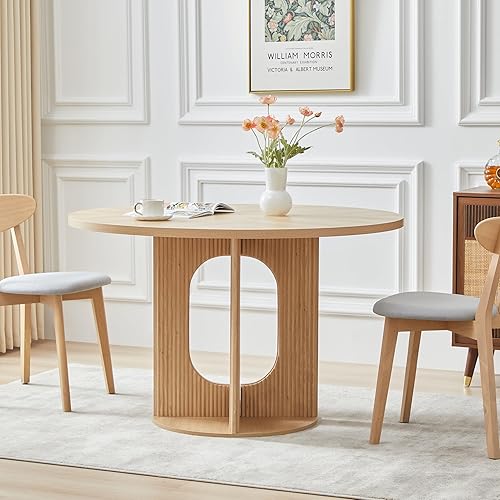 Miniatura 8 de Mesa de comedor redonda campestre con nervaduras para 4, mesa de cocina circular de 47 pulgadas con base de pedestal de madera, mesas de cena para