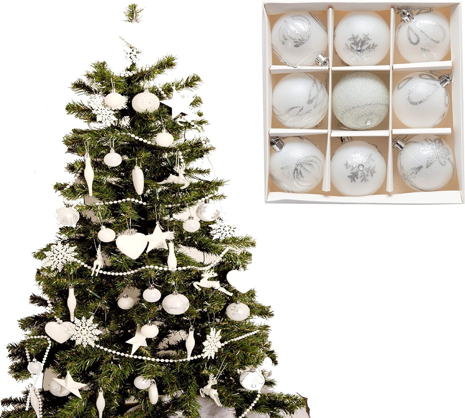 UKDD® Set of 9 Premium Baubles Luxury Christmas Tree Bauble Decorations Matte, Glitter, shiny Baubles (White)