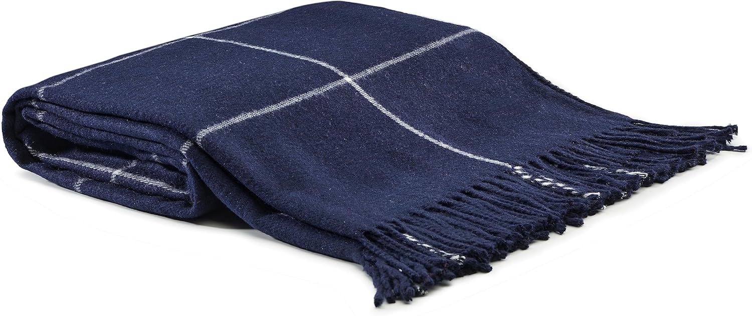 Arus Acrylic Highlands Collection Queen Size Tartan Plaid Design Throw Blanket Navy-White, 60x80 inch