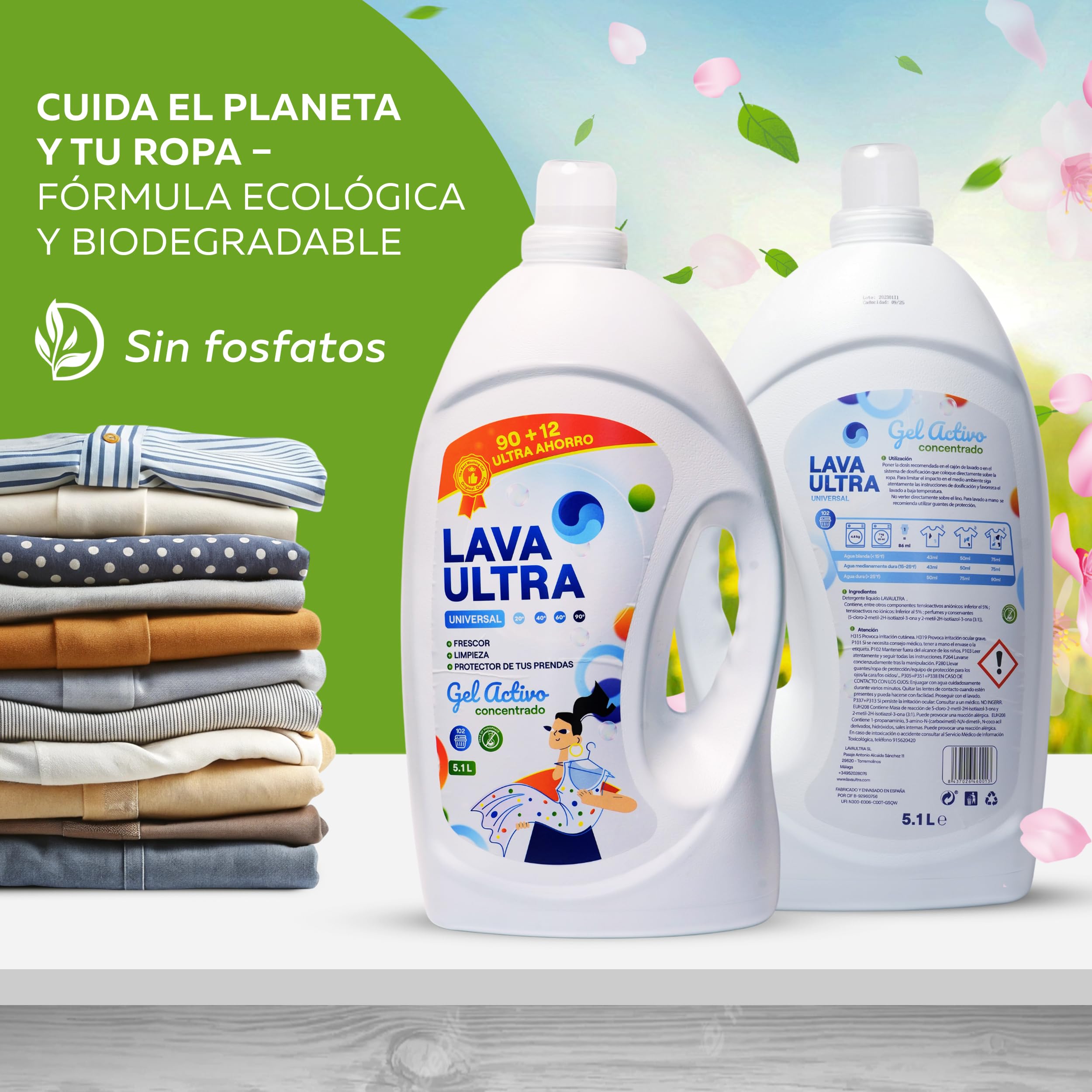 Lava Ultra Gel Activo 20.4L - 408 Lavados - Detergente Líquido Concentrado para Lavadoras, Sin Fosfatos, Apto para Todo Tipo de Telas, Suave y Fresco, Fabricado en España
