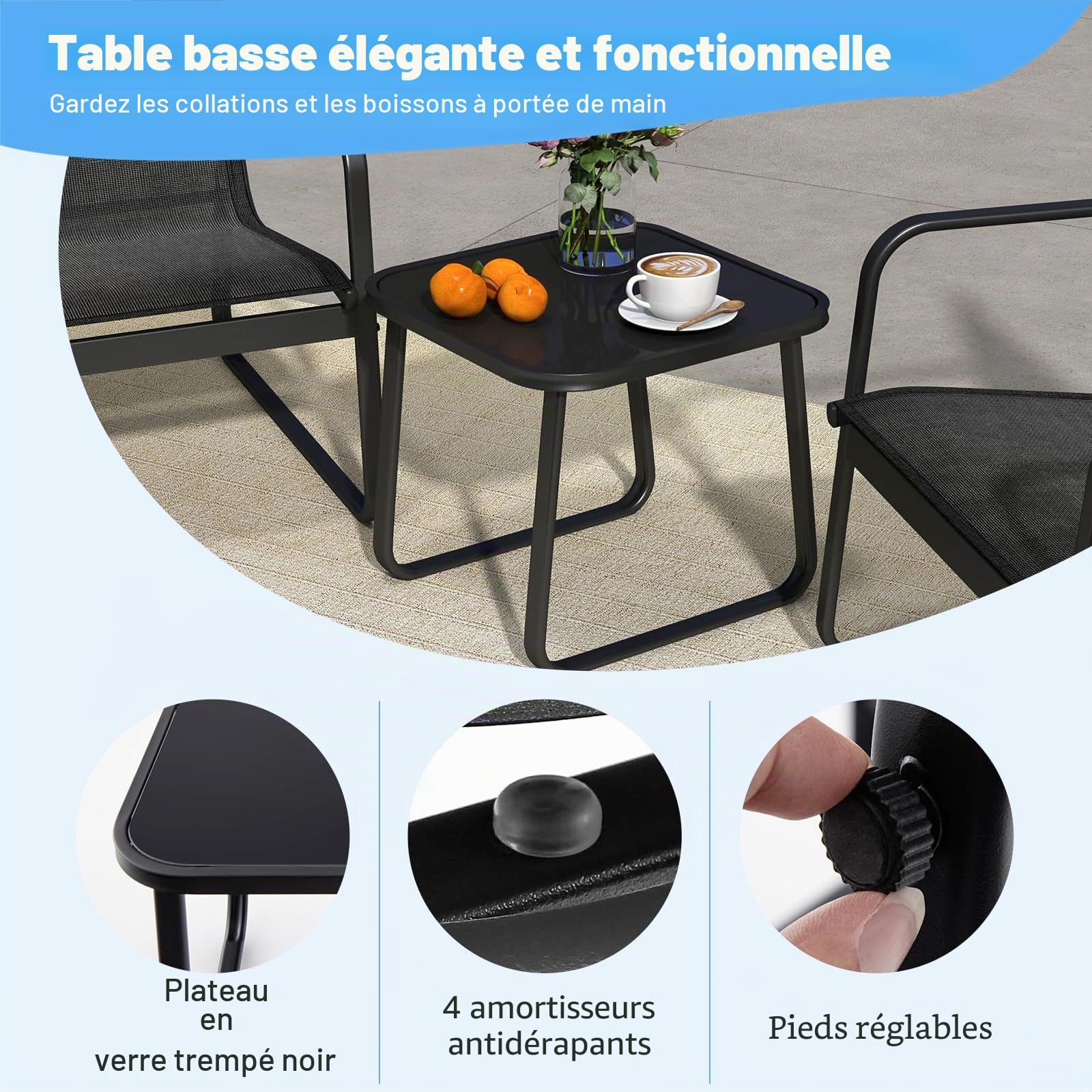 FANTASK Ensemble de Balcon 3 pièces en Tissu Respirant - Meubles de Jardin avec 2 chaises et Table pour terrasse et Balcon - Noir