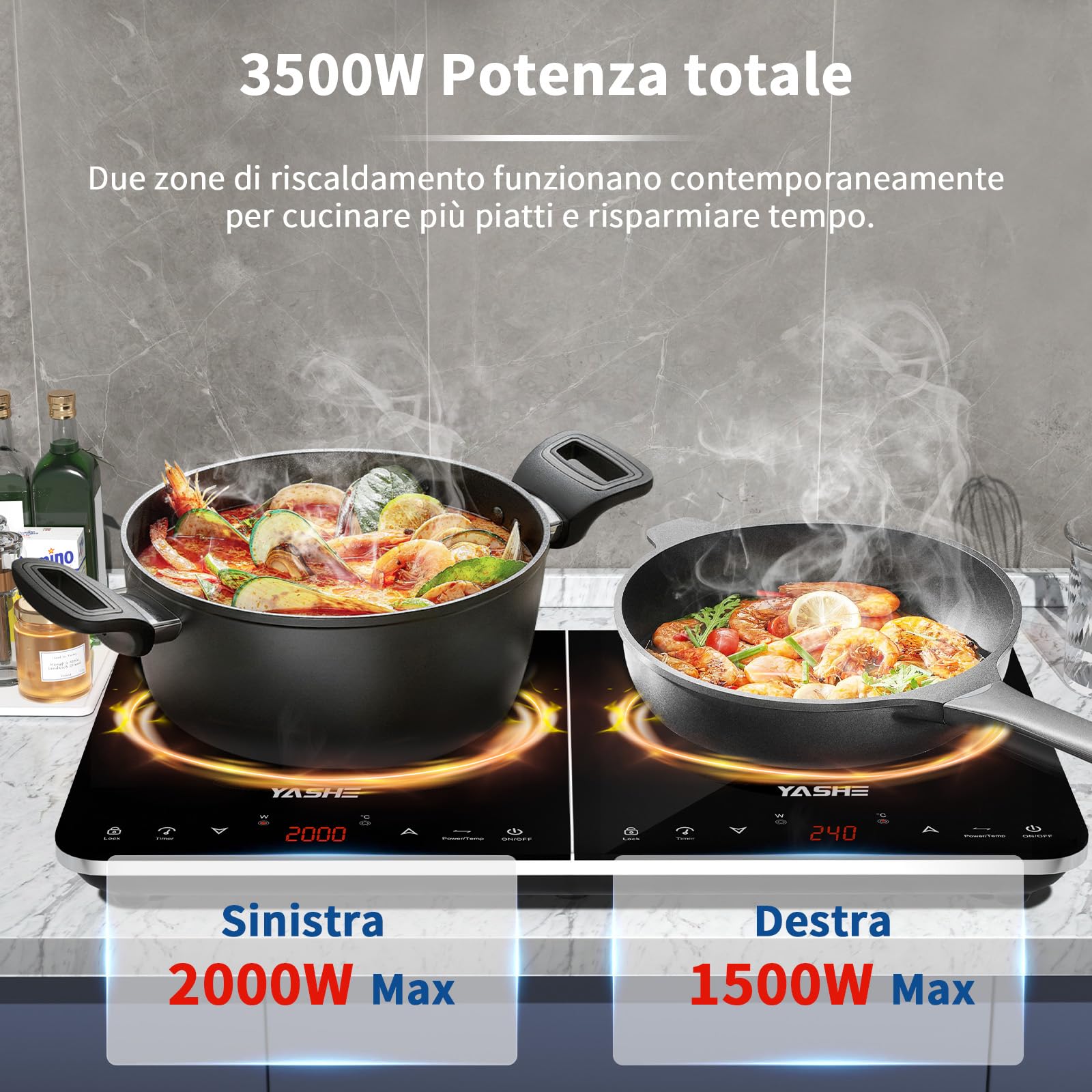 YASHE Piastra induzione – Piastra a induzione a 2 fuochi, 10 impostazioni di potenza e 10 di temperatura, piano cottura a induzione da 3500W 2 dischi, timer, blocco di sicurezza per bambini