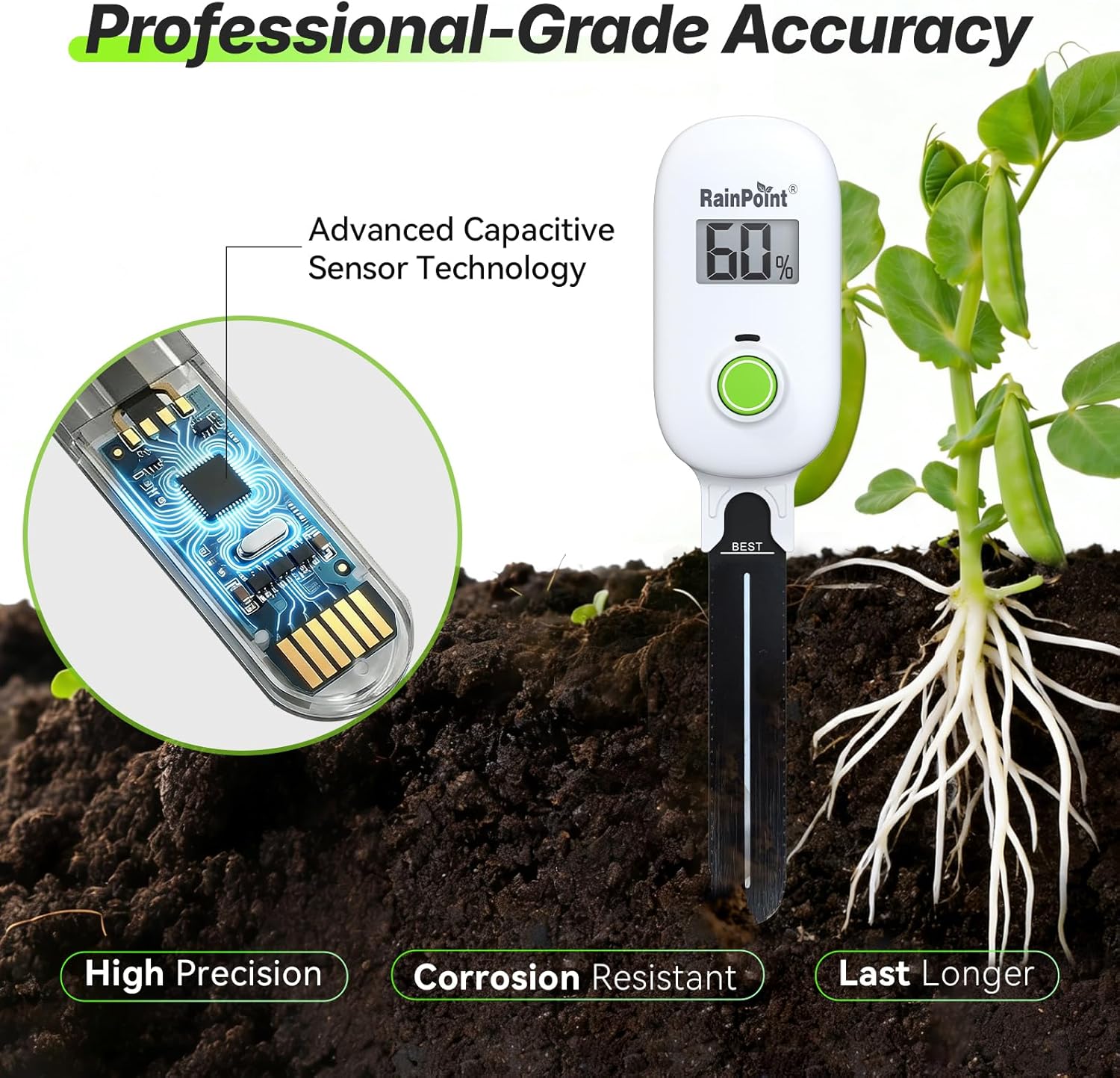 RAINPOINT Smart Digital Wireless Plant Moisture Meter Houseplant Indoor,WiFi Hub Needed,Capacitive Probe,Leave-in Soil Hygrometer Sensor,Real-time Monitor Humidity Tester Outdoor Gardening