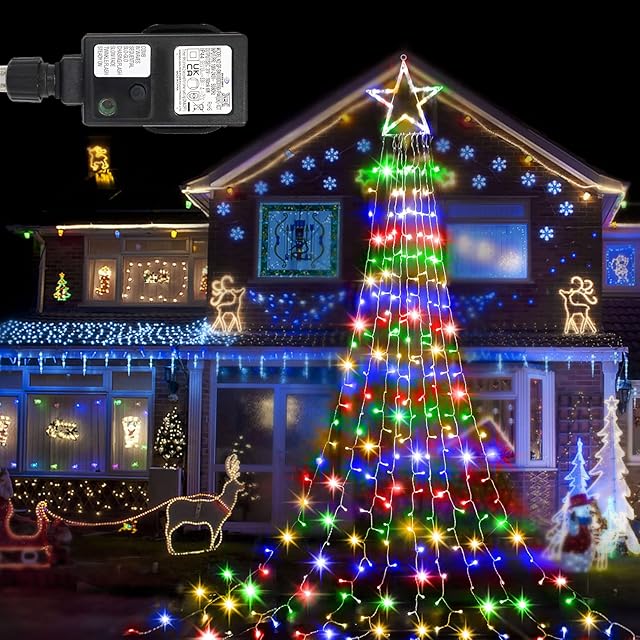 Outdoor Christmas Decorations Star String Light 344 LEDs Waterfall Christmas Cone Tree Lights 9x12FT Christmas Tree Toppers Fairy Lights with Remote for Yard Party Wedding Decor (Multicolored)