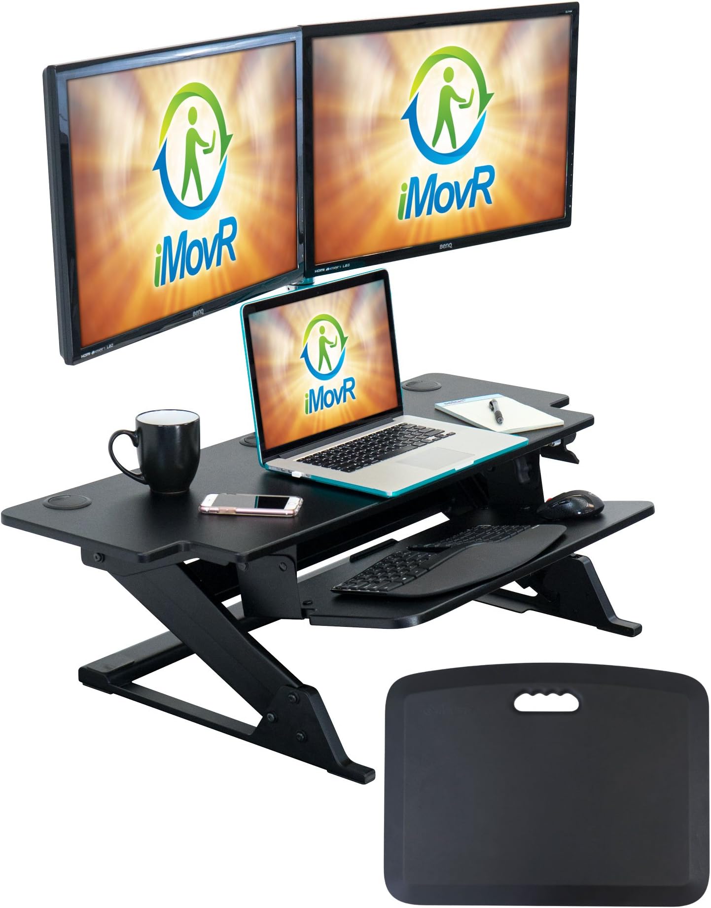 ZipLift+ 42" Standing Desk Converter with Ergonomic Tilting Keyboard Tray in Black with EverMat Portable Standing Mat