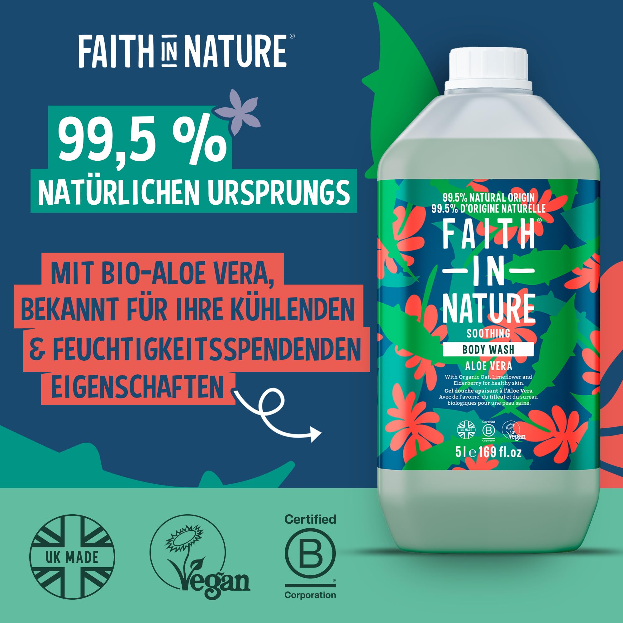 Faith In Nature Natürliches Duschgel mit Aloe Vera, Beruhigendes Duschgel, Vegan und tierversuchsfrei, Ohne SLS oder Parabene, 5 L Nachfüllpack