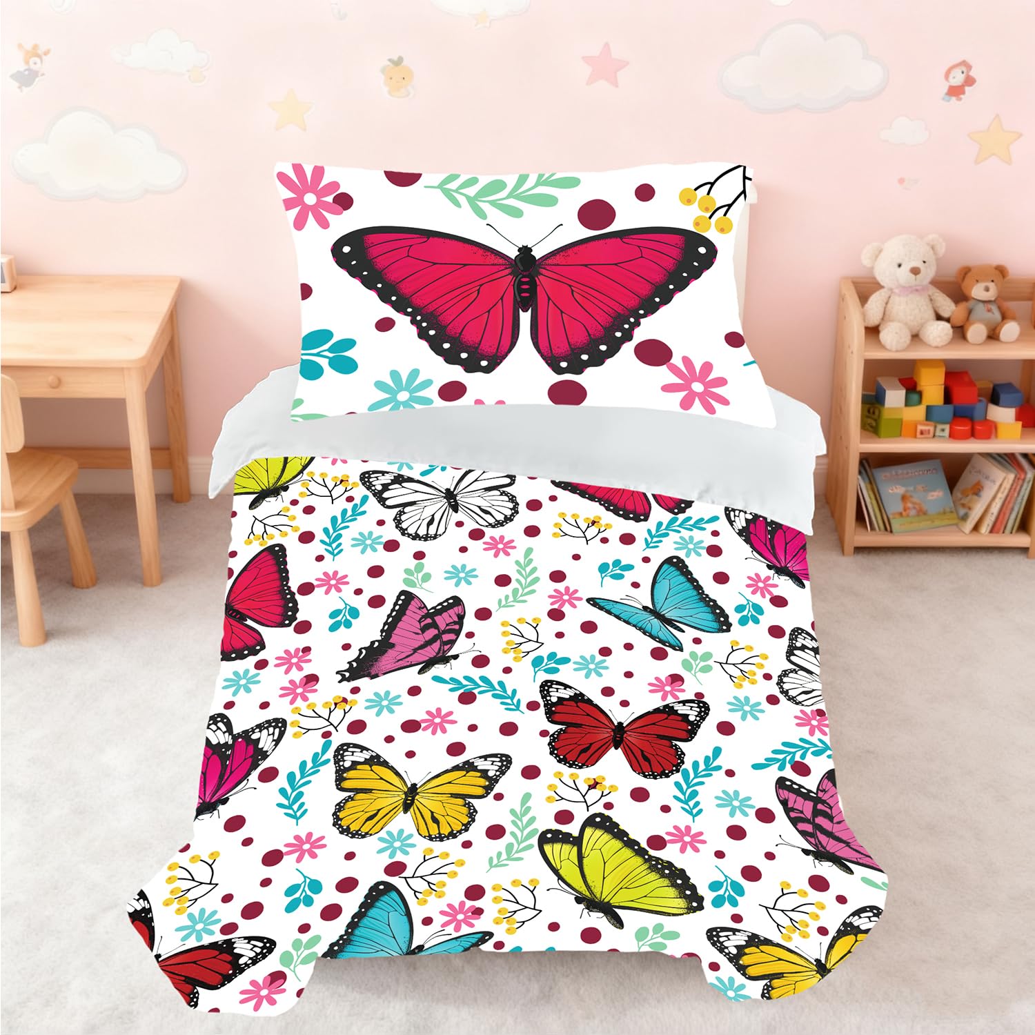 Snugoria Butterfly Cot Bed Duvet Cover Set for Girls, Toddler Bedding Set for Junior/Toddler/Cot Bed, Cartoon Pattern Quilt Cover 120×150 cm and Pillowcase 40x60 cm — image 1