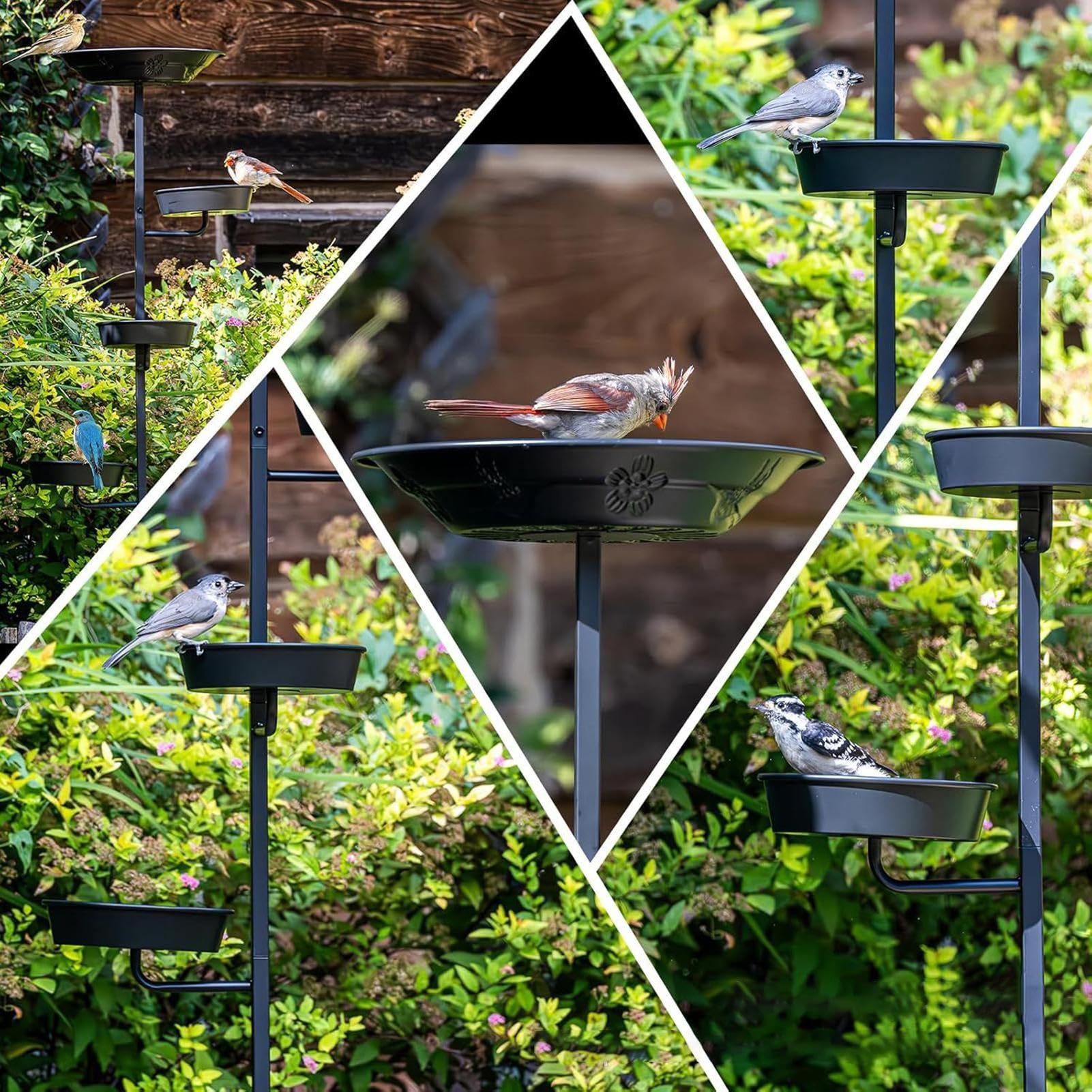 Pila o Baño para Pájaros de Metal con Estacas, Múltiples Niveles, Elegante | y Bebedero para Aves Silvestres de Exterior para Jardín, Patio, Terraza y