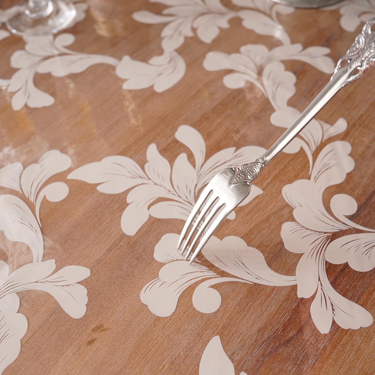 Vinyl Table Cloth Rectangle Clear Table Cover Protector with Block Printed Pattern Oil Spill Proof Farmhouse Rustic Plastic Table Covers for Dining Tables (Scroll Grass, 52 x 70 Inches)