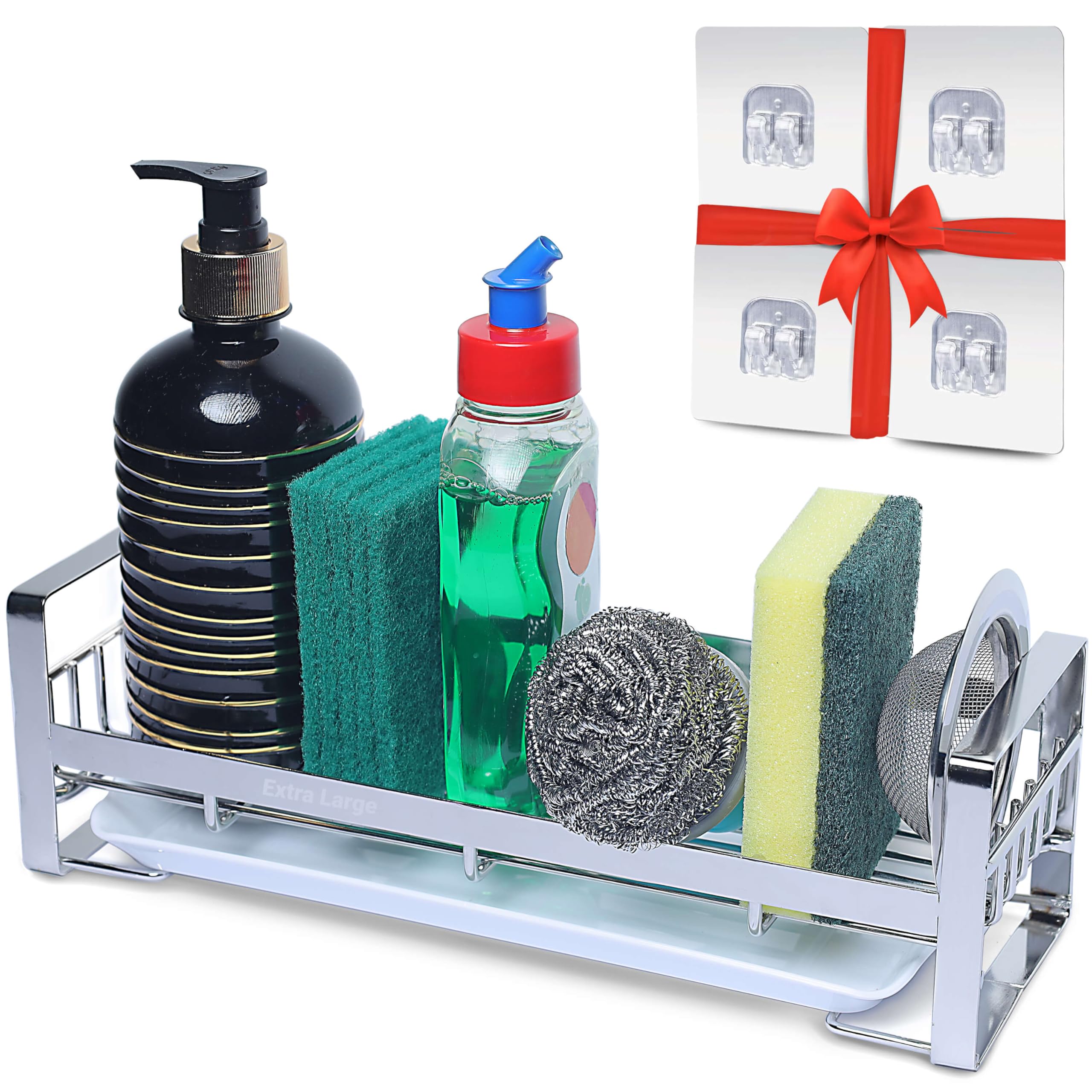 GLIFON Large Stainless Steel kitchen sink organizer with Detachable Tray - Rustproof Kitchen Caddy for Sponges, Soap & Brushes, Countertop/Wall Mount organiser (30×9.5×9.5 cm) and bathroom rack.