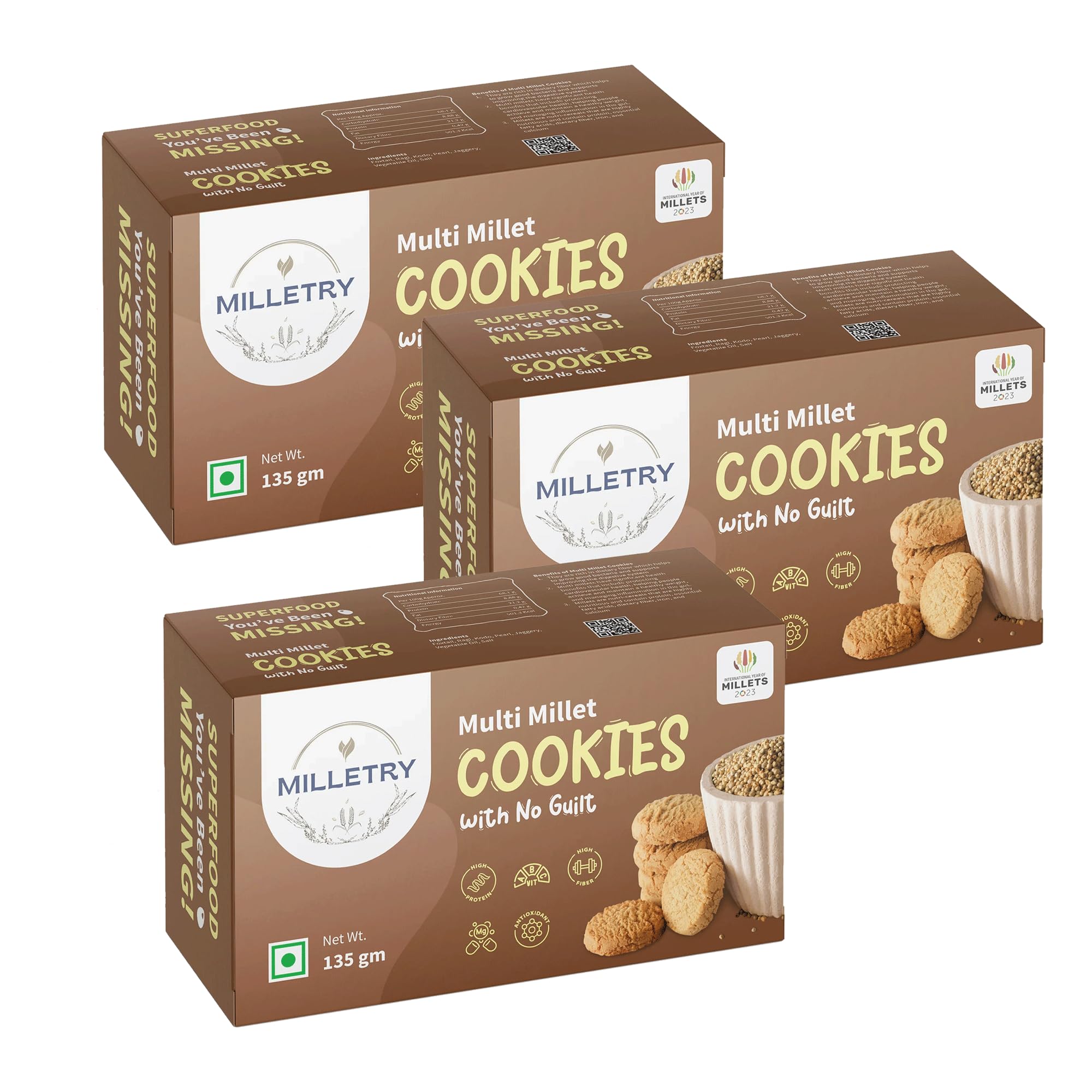 Milletry Multi Millet Cookies Combo | Pearl, Ragi, Kodo & Jaggery | High Fiber, High Protein, No Maida, Guilt Free | Pack of 3 x 135gm
