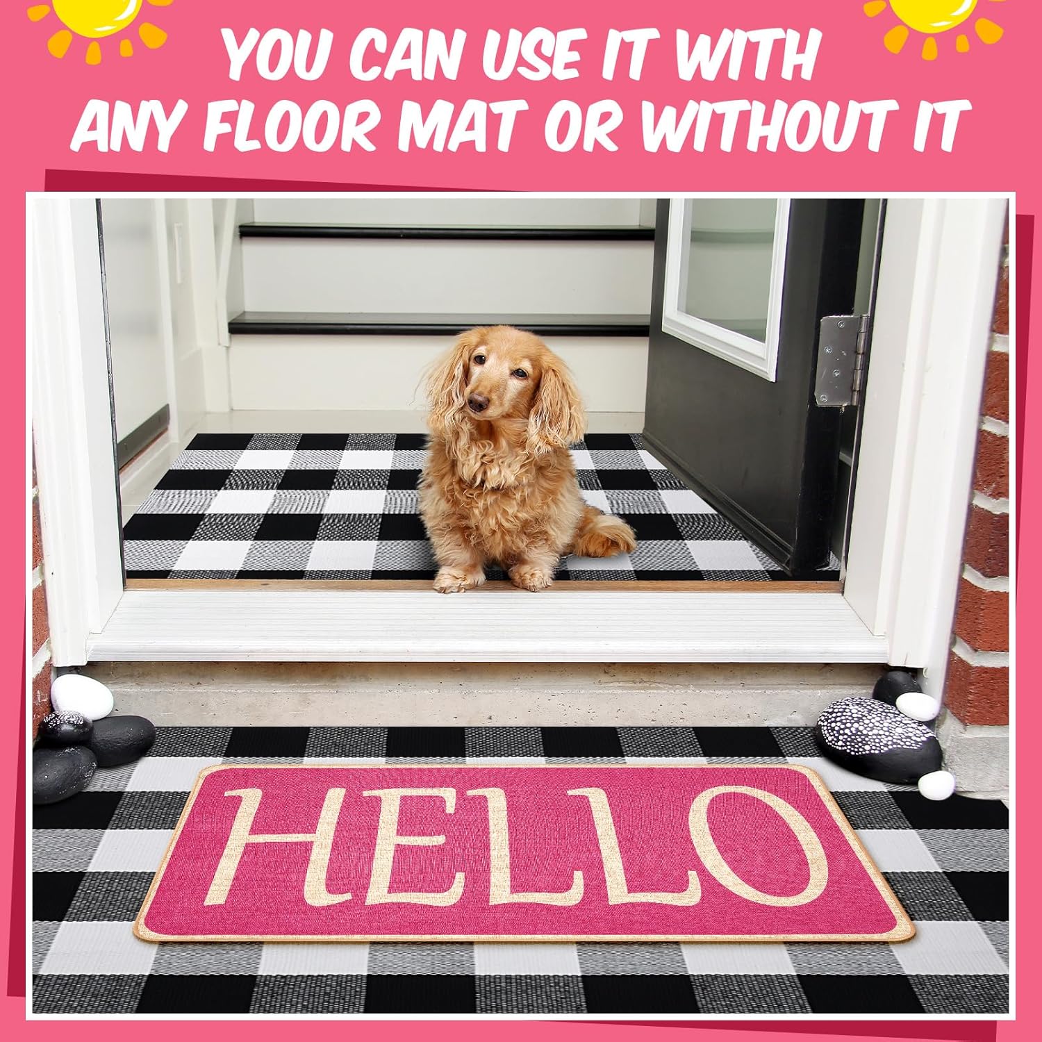 Geelin 2 Pcs Pink Hello Door Mat 30'' x 18'' and 43'' x 27.5'' Entrance Buffalo Checkered Rug for Indoor Outdoor Welcome Doormat for Outside Entrance Home Decorative
