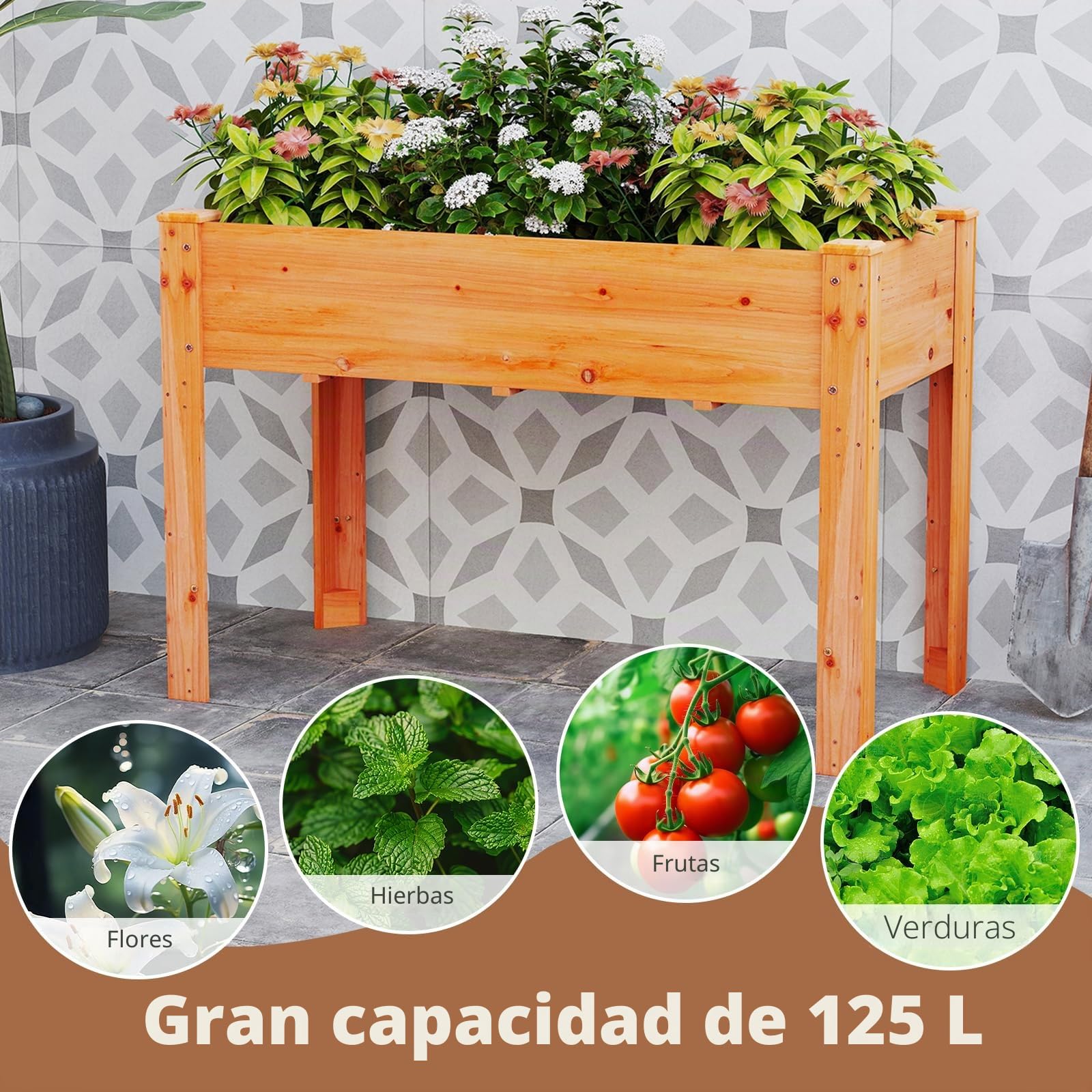 HOMASIS Huerto Urbano de Madera Abeto, 120 x 60 x 81 cm, Jardinera Elevada Terraza Exterior con Orificio de Drenaje, Compartimento de Almacenamiento, para Jardín, Balcón, Casa (marrón Rojizo)