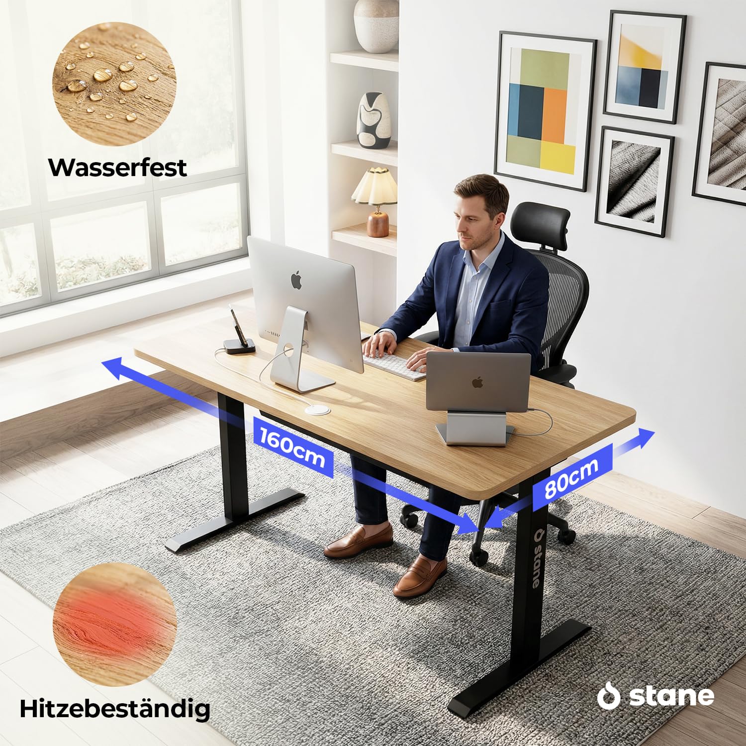 Stane Höhenverstellbarer Schreibtisch 160x80 – Elektrischer Bürotisch als Stehpult [4 Positionen] – Computertisch ideal für Homeoffice und Büro [Kabelkanal] – Eiche Schwarzes