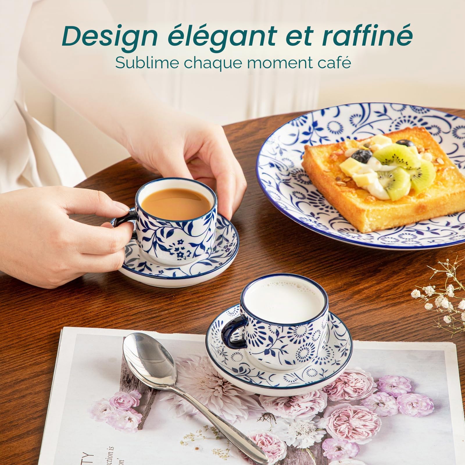 vancasso SELENE Tasses à Café Espresso avec Soucoupe - 4 x 150 ml - Mug en Porcelaine et Support pour Thé, Café, Cappuccino - Résistants au Lave-vaisselle et au Micro-ondes - Bleu et Blanc Vintage