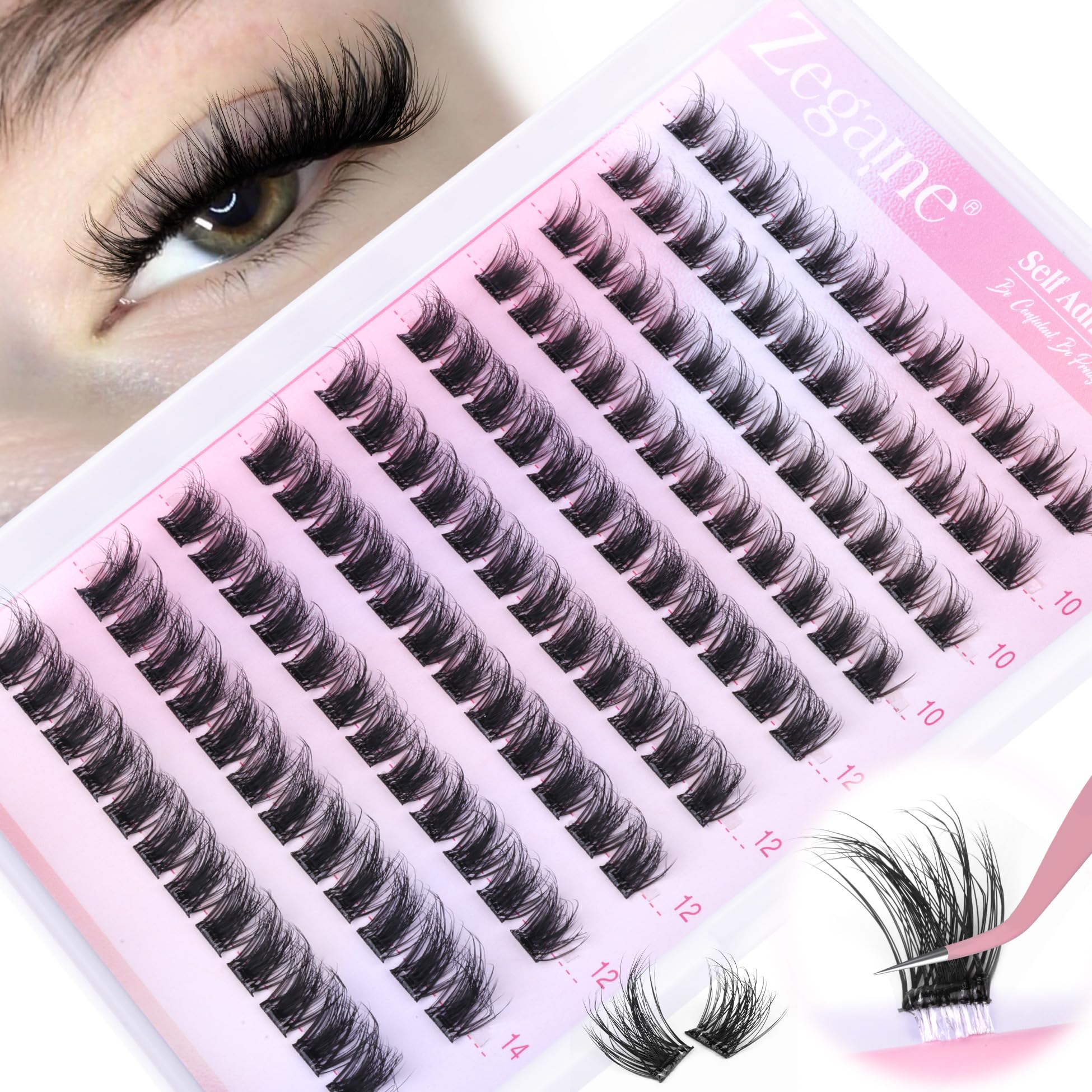 Zegaine Self Adhesive Eyelashes Natural Look Self Adhesive Lash Clusters Reusable Natural Cluster Lashes Clear Band Individual Short Eyelashes Wispy C-Curly Pre Glued Lashes No Glue Needed 10-14MM