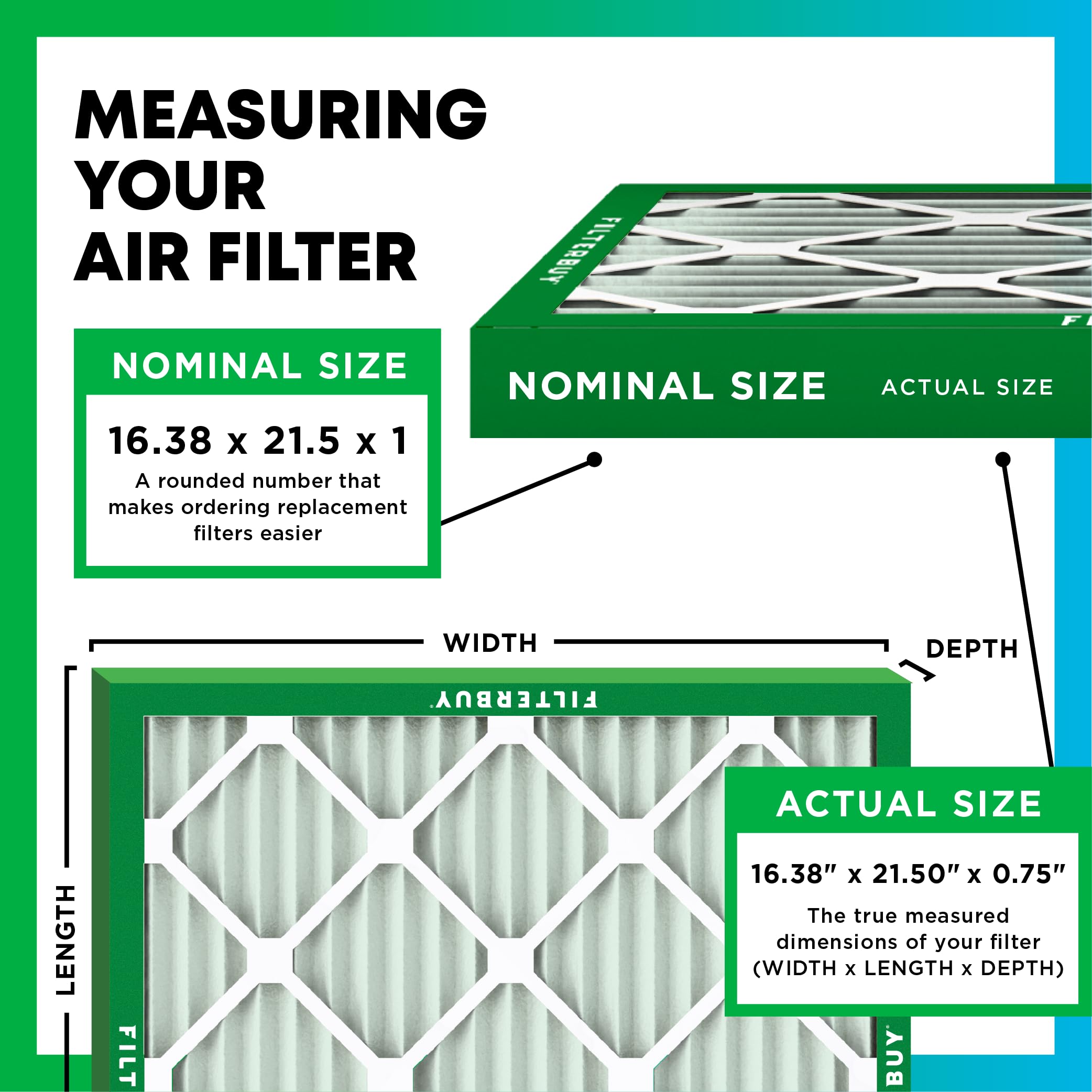 Filterbuy 16.38x21.5x1 Air Filter MERV 8 Dust Defense (3-Pack), Pleated HVAC AC Furnace Air Filters Replacement (Actual Size: 16.38 x 21.50 x 0.75 Inches)