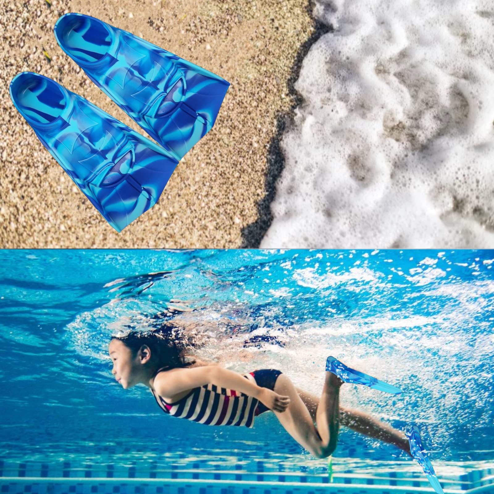 Schwimmtrainingsflossen, Bequeme Silikonflossen zum Schwimmen und Tauchen, Größe geeignet für Kinder, Mädchen, Jungen und Erwachsene