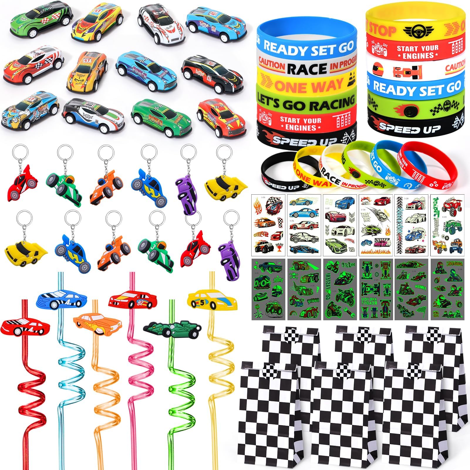 Winrayk Race Car Party Favors Birthday Supplies Kids, Drinking Straw Paper Bag Mini Car Bracelet Glow Tattoo Sticker Keychain, Goodie Stuffers Pinata Filler Boys Racing Games Wheel Racecar Party Decor