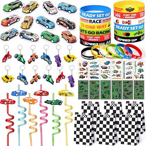 Winrayk Regalos de fiesta de coches de carreras, suministros de cumpleaños, bolsa de papel de paja para beber, mini pulsera de coche, calcomanía de