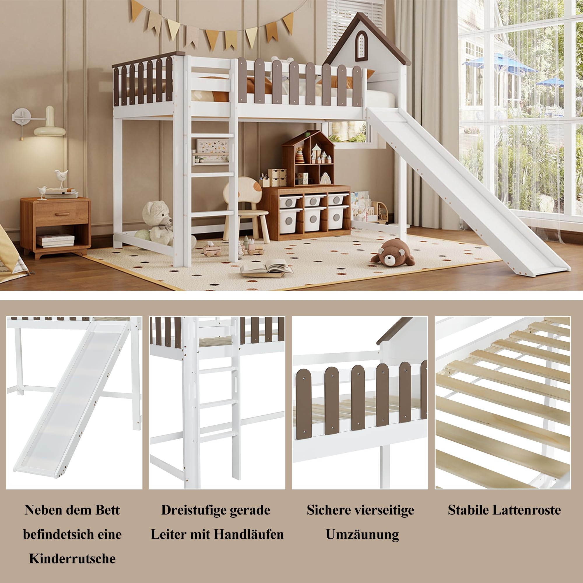 Hochbett, Mit Dach und Fenster, Mit dreistufiger gerader Leiter, Jugendbett, Kinderbett mit Rutsche, Kiefer+MDF, Weiß+Walnuss, 90x200cm