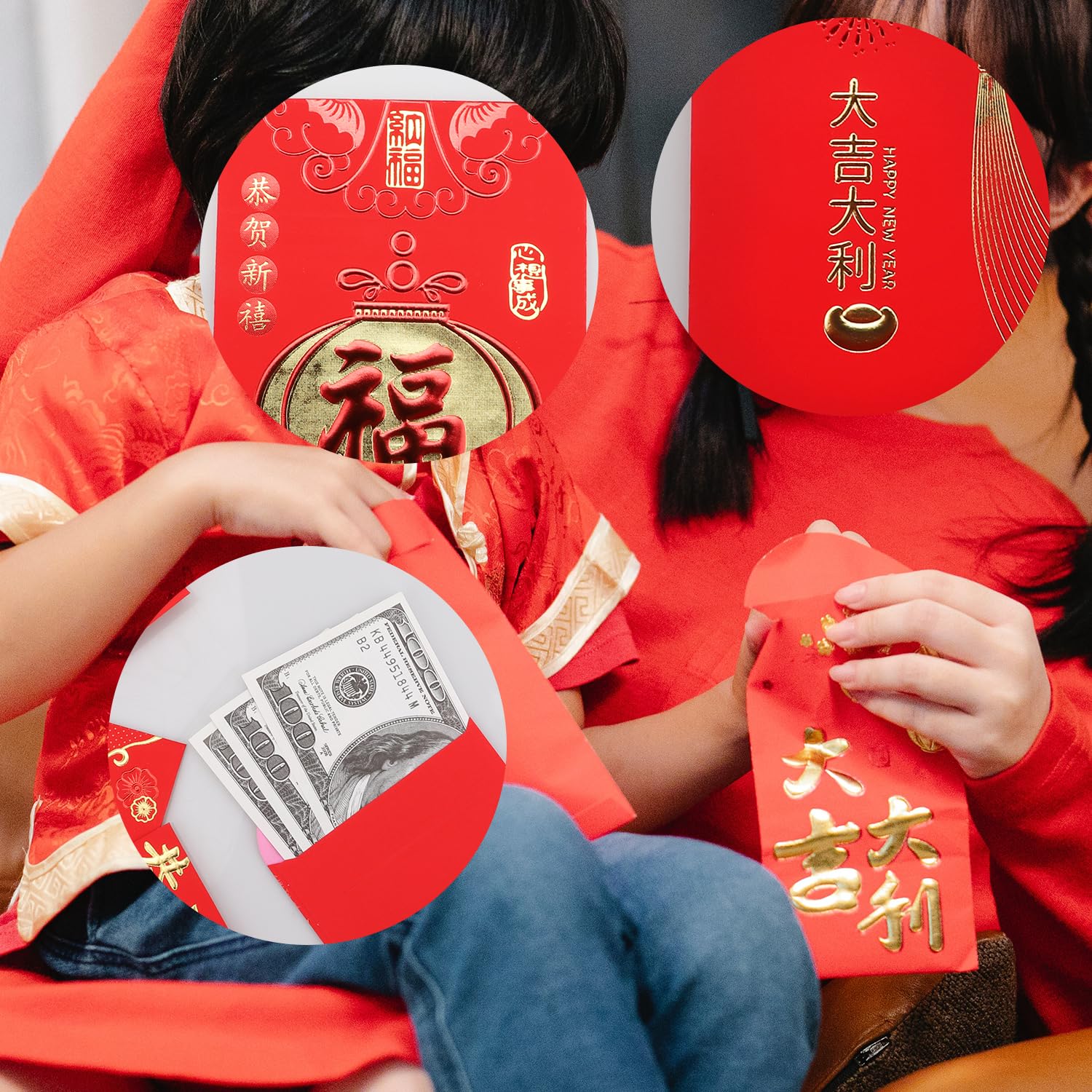 Lot de 24 enveloppes rouges chinoises Hong Bao Grande taille pour Nouvel An chinois, mariage