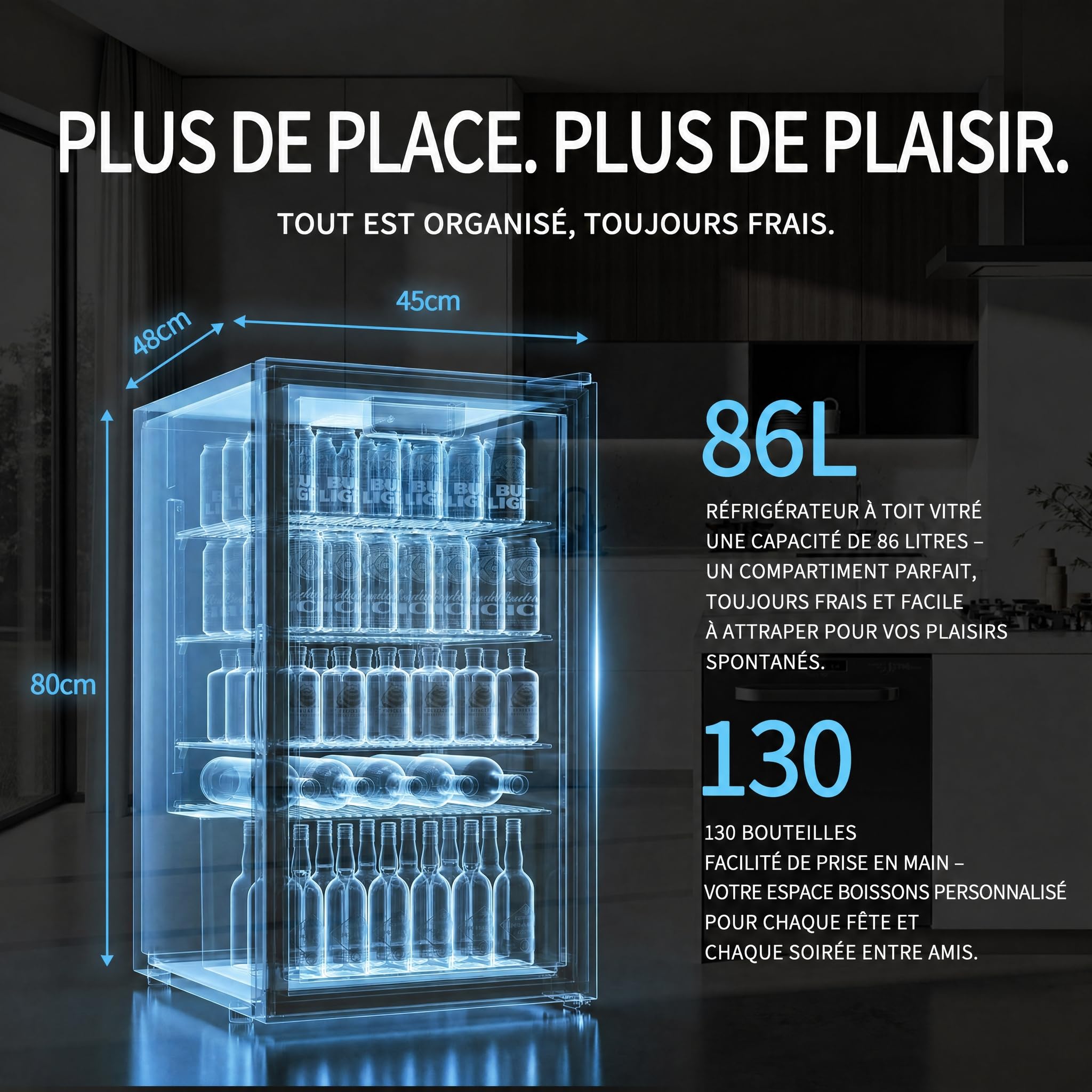 Airfish Réfrigérateur à boissons avec porte en verre, 86 L pour 130 canettes, mini-réfrigérateur avec clayettes réglables pour bière, vin et boissons, idéal pour la maison, le bar et le bureau