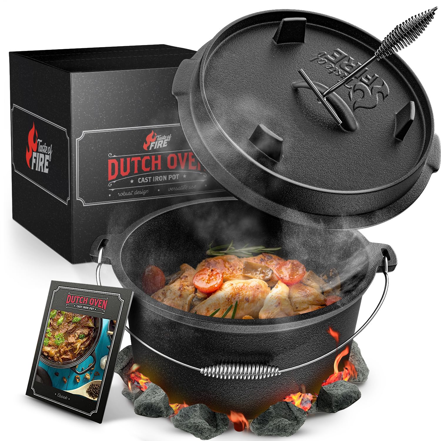 aste of Fire [El Original] - Horno Holandés de Hierro Fundido 7,4L con Patas y Tapa de 1,8L con Doble Función como Sartén Parrilla – Incl. Levantador de Tapa
