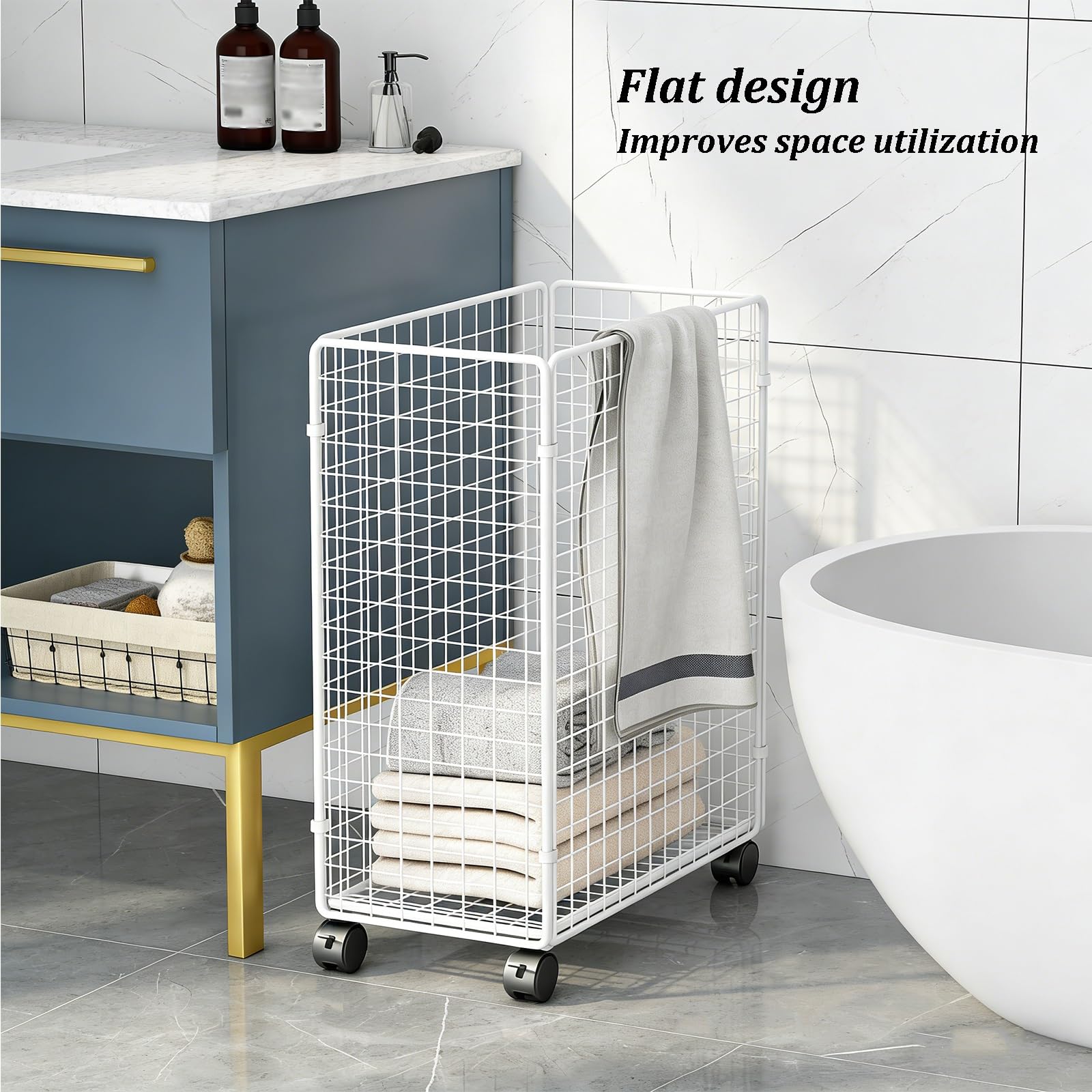 MRKU Cesto portabiancheria Pieghevole in Metallo con Ruote, Carrello portabiancheria con Ruote, Struttura in Rete, Organizer per Vestiti sporchi