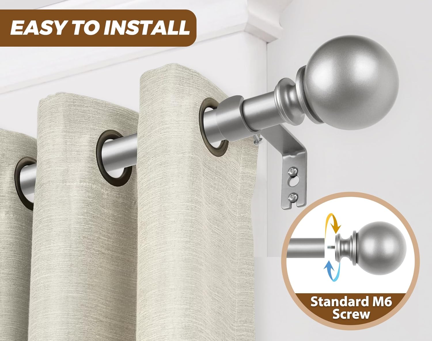 KAMANINA 2 Pack Curtain Rods 32 to 58 Inch (2.6-4.8ft), 7/8 Inch Single Heavy Duty Curtain Rods for Windows Adjustable Decorative Drapery Rod with Round Finials, Antique Silver