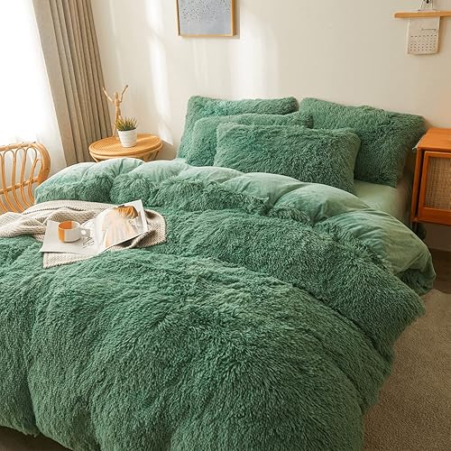 Miniatura 3 de FOPPA Juego de funda de edredón de felpa verde tamaño Queen, juego de ropa de cama de pelo sintético ultra suave de 3 piezas (1 funda de edredón