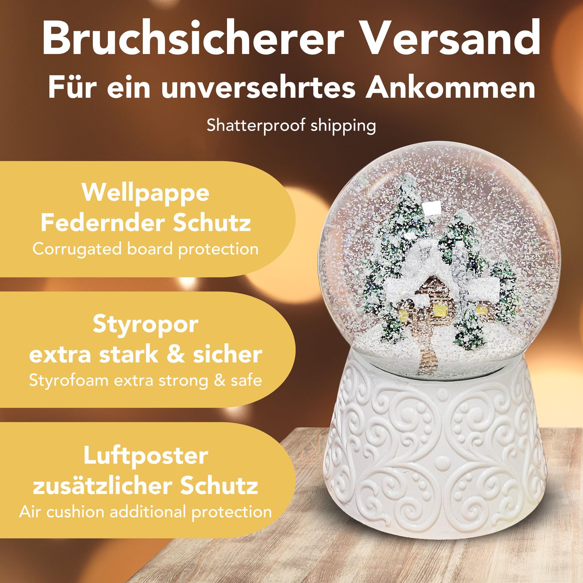 Schneekugel Spieluhr Weihnachten | Hüttenzauber Winterhütte Berghütte | Sockel weiß Nostalgie | Höhe: 140mm, Durchmesser 100mm | Schüttelkugel Weihnachtsdekoration | 20326