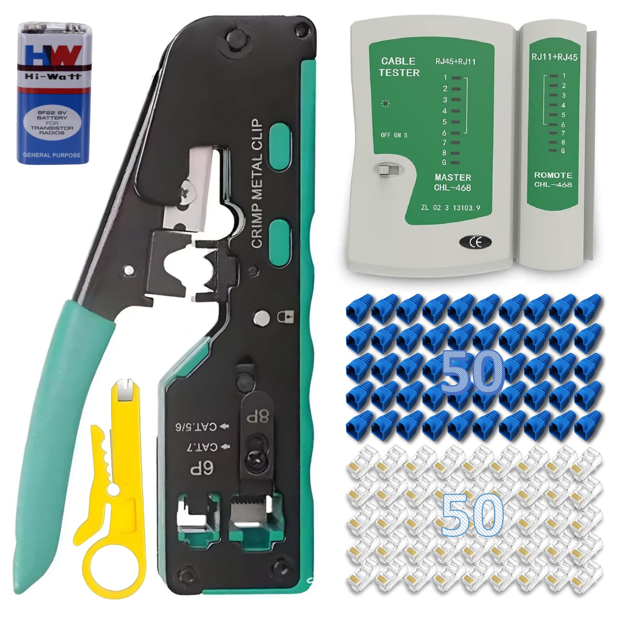 CP-Tech Pass Through RJ45 Crimping kit Compatible With Cat5 Cat5e Cat6 Cat6A Cat7,RJ11 RJ12 STP/UTP With lan Tester, 50PCS Pass Through Connectors With Cap (Combo-8)-picture-25