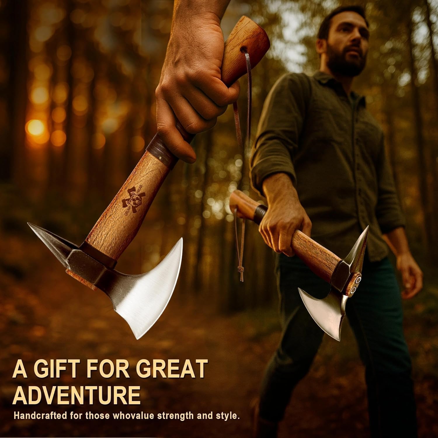 Grumpy Bear 15" Camping Hatchet, Survival Axe with Sheath, High Carbon Steel and Wood Handle, Anti-Slip Grip – Ideal for Bushcraft, Wood Splitting & Outdoor Adventures