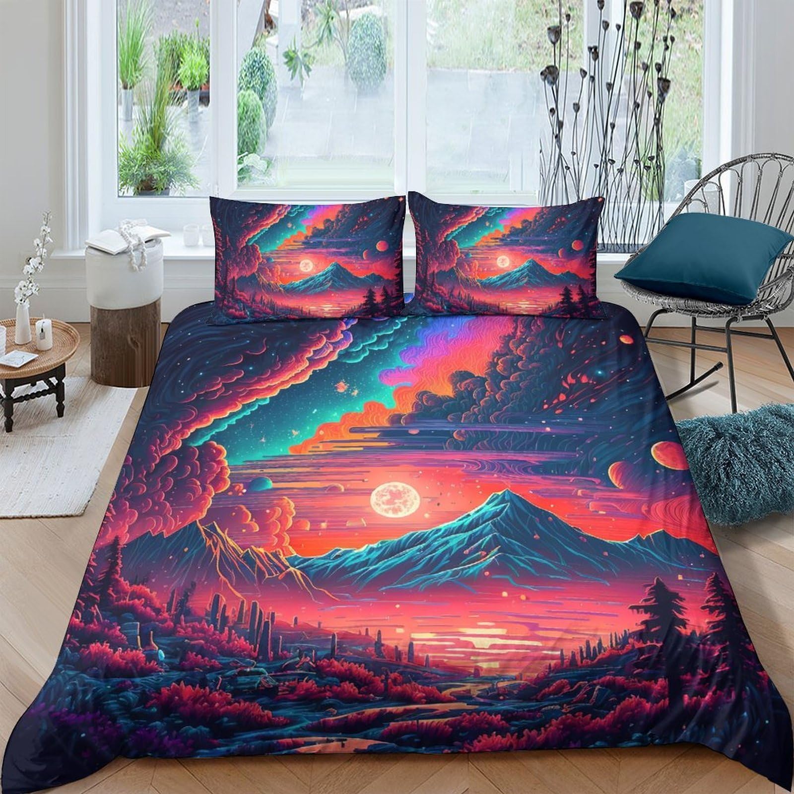 Ctjqhvkz Style-8 3D Printed Aurora Mountain Fitted Sheet Microfiber Soft Breathable Sunset Landscape Bed Cover For Bedroom Home Decor Single（135X200cm）