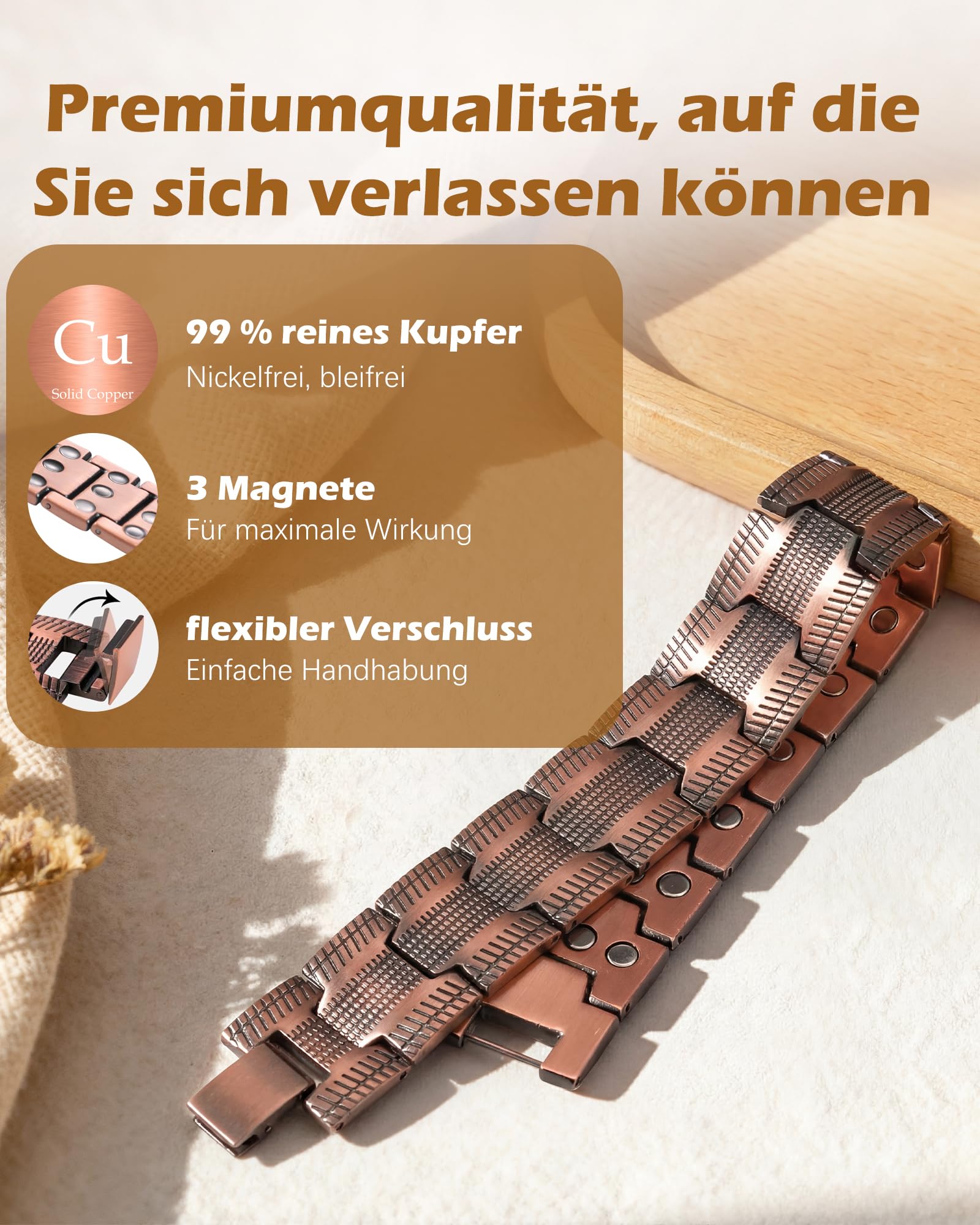 Jeracol Kupfer Magnetarmband Herren, 99% Reines kupferarmband mit ultrastarken Magneten, Einstellwerkzeug und Schmuck-Geschenkbox