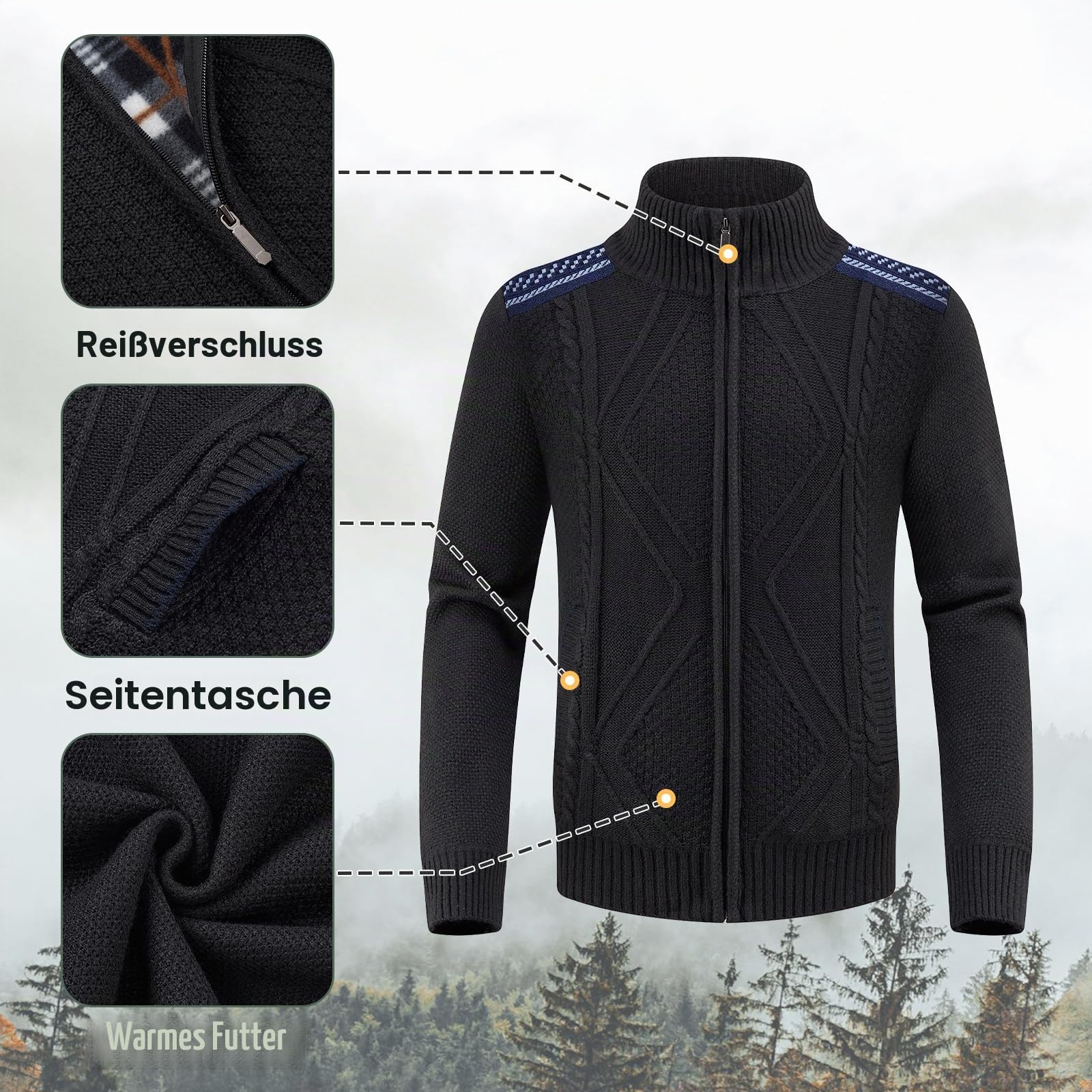 KUDORO Strickjacke Trachtenjacke Herren Cardigan mit Reißverschluss
