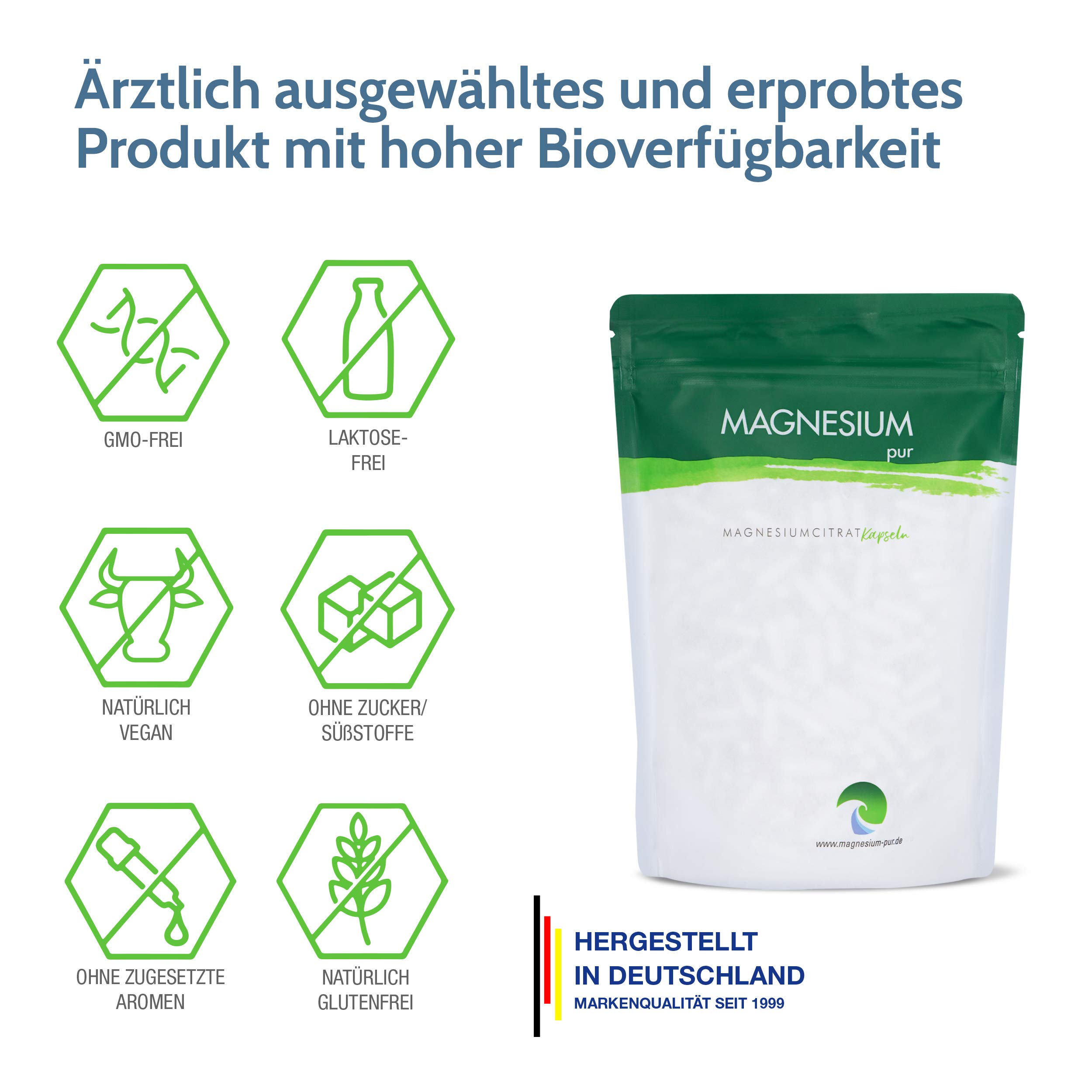 Magnesium-pur Magnesiumcitrat Kapseln vegan 500 Stück Beutel, hochdosiert 620mg Magnesiumcitrat pro Kapsel (1er Pack)