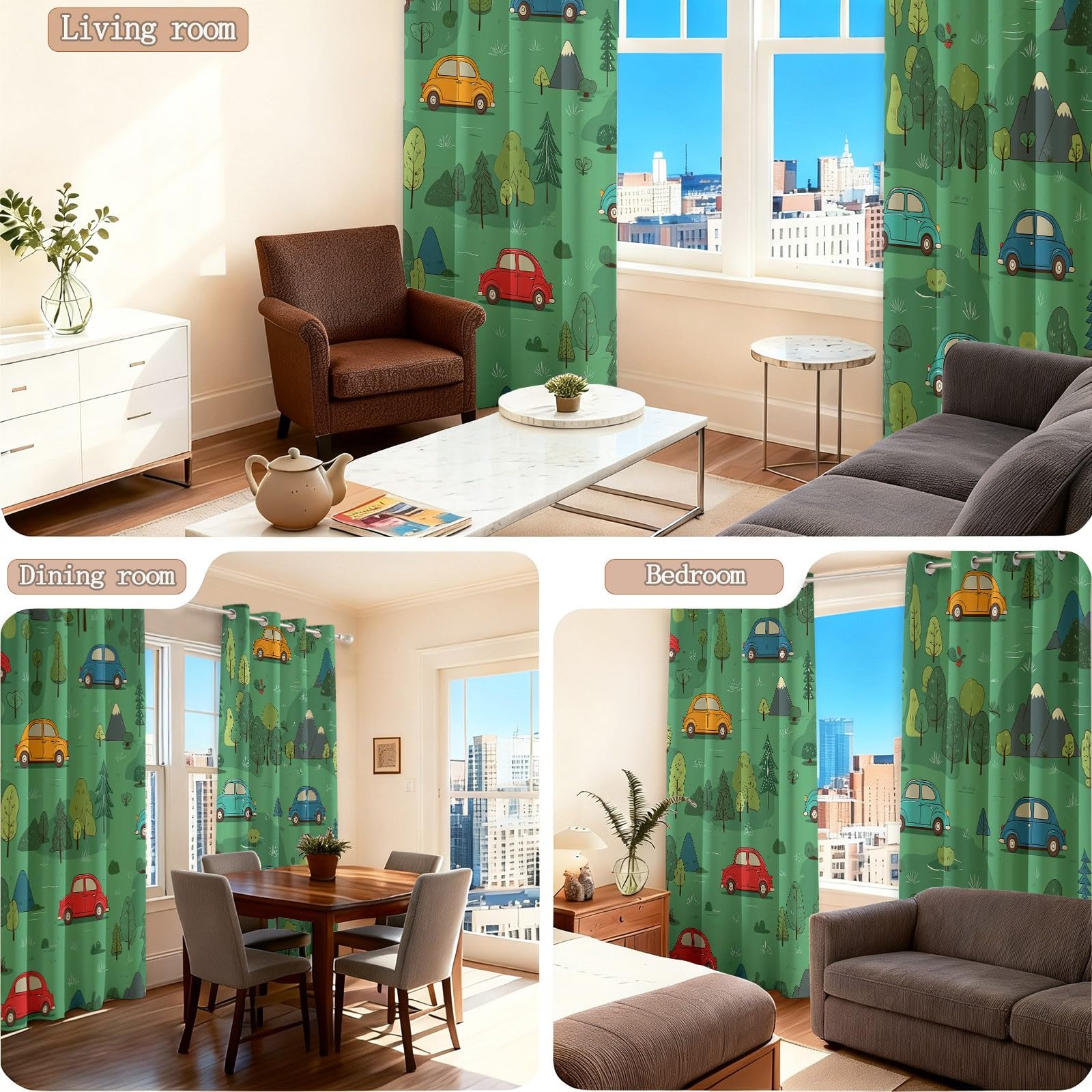 Zasłony zaciemniające z oczkami 140 l x 260H cm (2 panele), drukowane słodkie samochody z kreskówek zasłona termoizolacyjna odporna na zimno i ciepło do sypialni dla dorosłych i salonu, góry zielonego